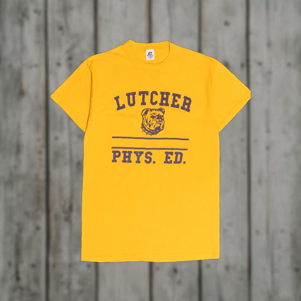 Russell Athletic VINTAGE Russell Athletic T-Shirt Lutcher Phys. Ed Bulldog Logo Yellow Small Unisex Adults Short Sleeve 1990s Mens Womens Boys Girls Size US S / EU 44-46 / 1 - 1 Thumbnail