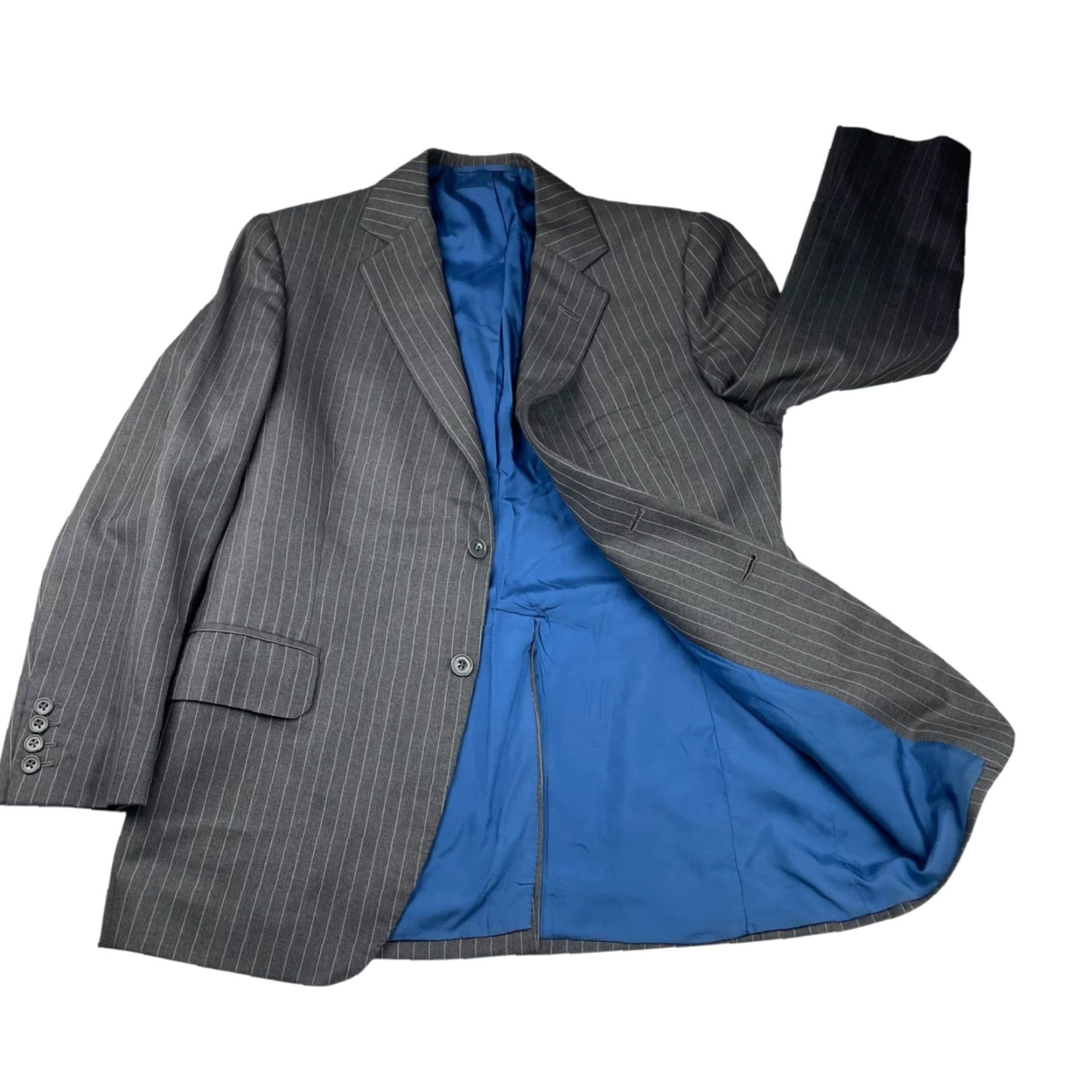 Vintage VTG Wells Of Mayfair Blazer Men 38S Wool 2-Button Gray/Blue Stripe Jacket Coat Striped Notch Lapel Short Vintage Regular Mens Size 38R - 3 Thumbnail