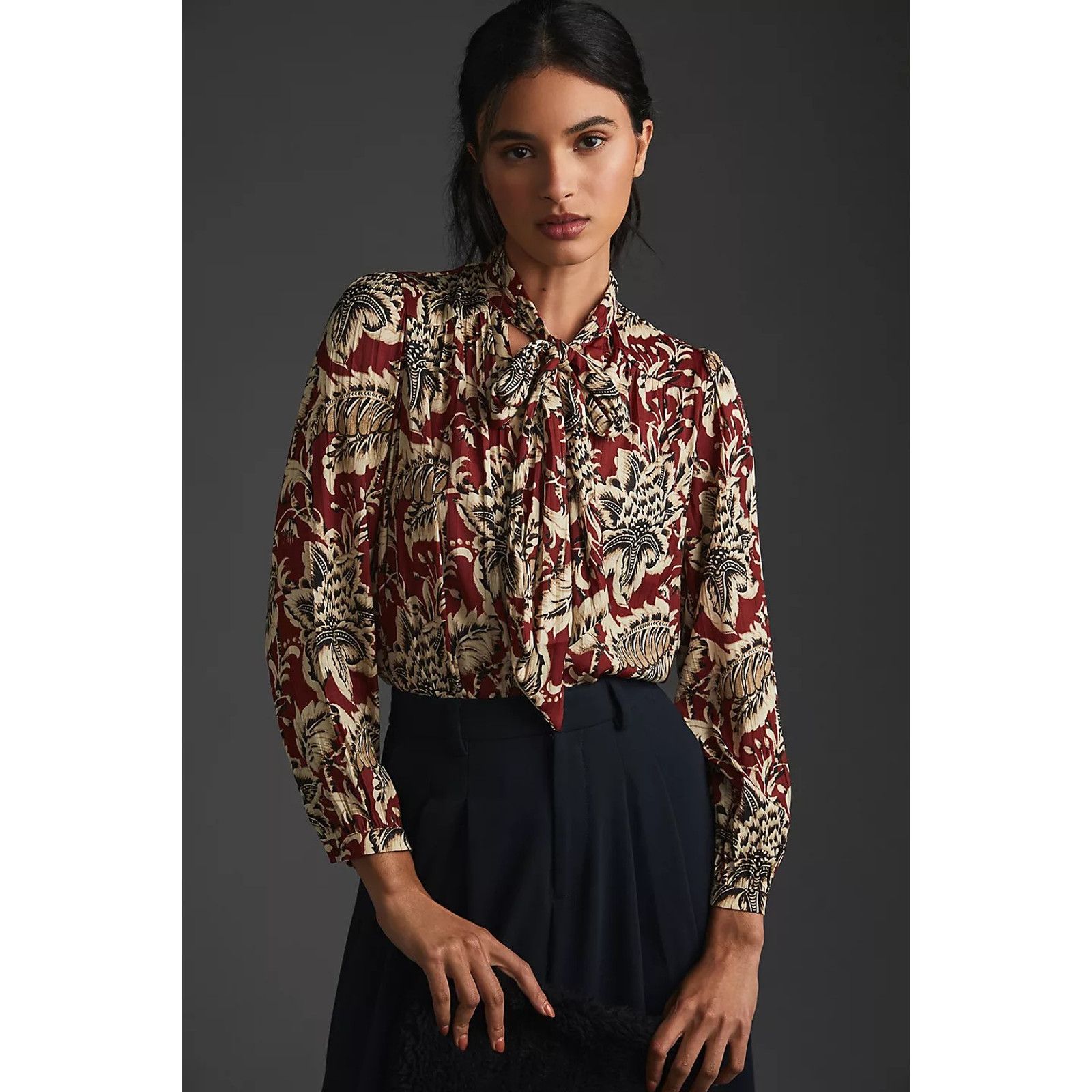 Anthropologie New By Anthropologie Tie-Neck Blouse $128 SMALL Brown Floral Size S / US 4 / IT 40 - 2 Thumbnail