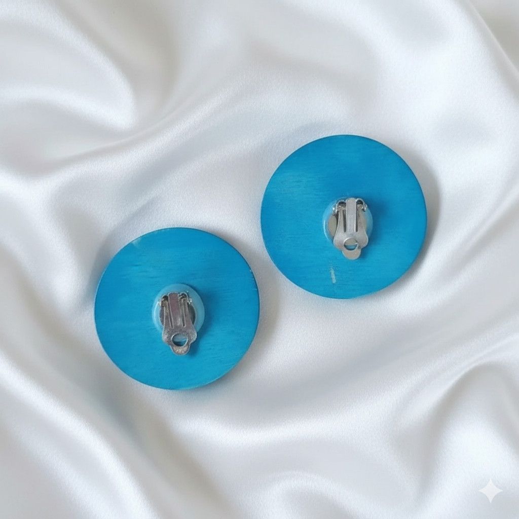 Handmade Artistic Button Earrings Clip On Turquoise Wood Brass Paint Size ONE SIZE - 5 Thumbnail