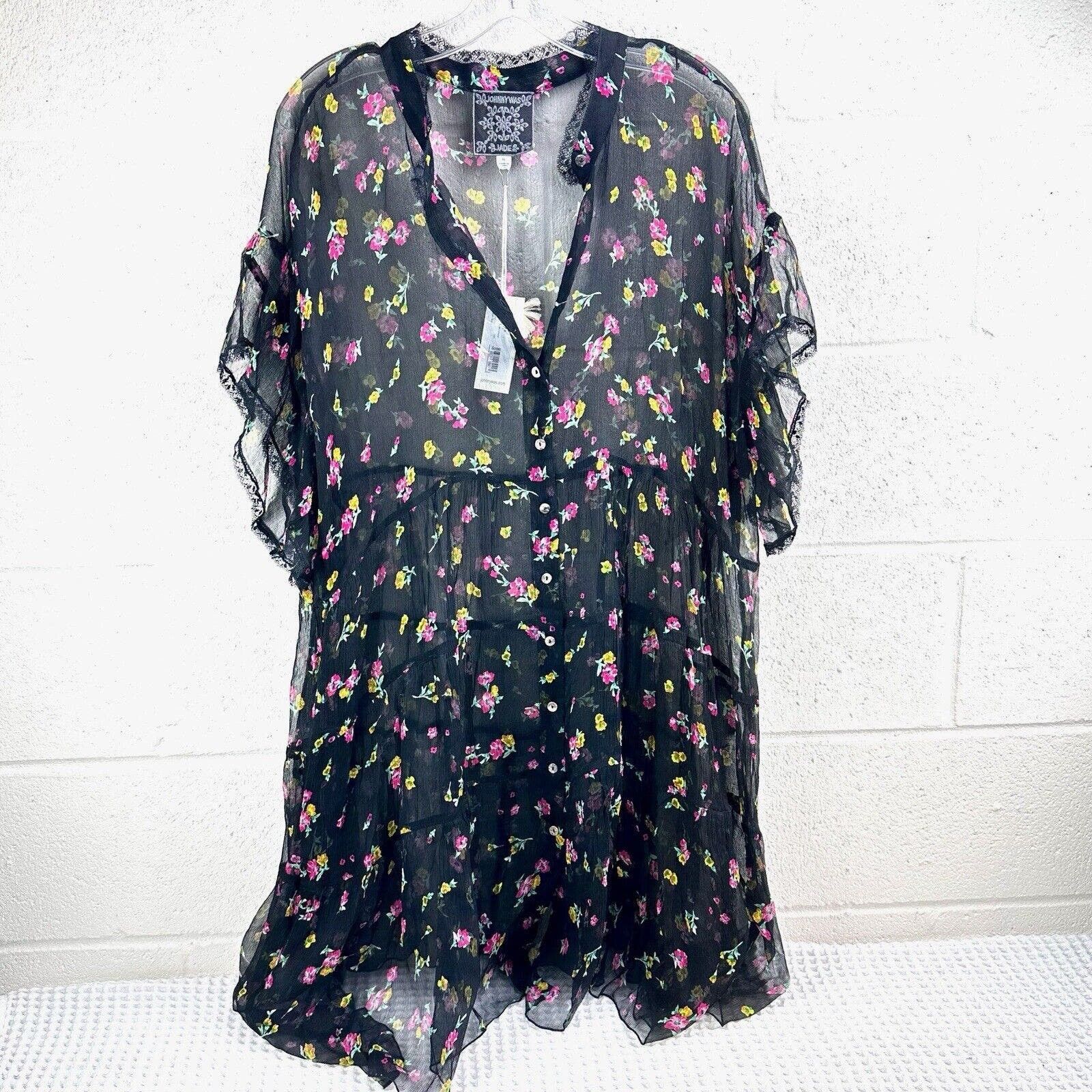 image of NWT Johnny Was Natalia Tiered 100% Silk Dress Black Xl, Women's