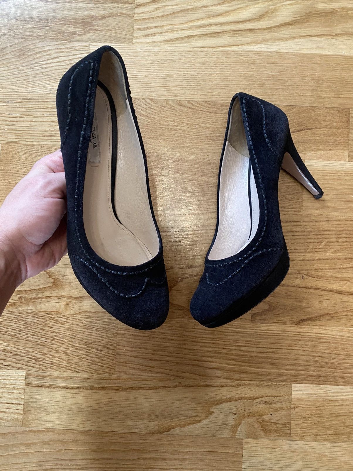 Prada Prada Black Suede Whipstitch ClassicHigh Heel PumpsSize 37.5 Size US 7.5 / IT 37.5 - 2 Thumbnail