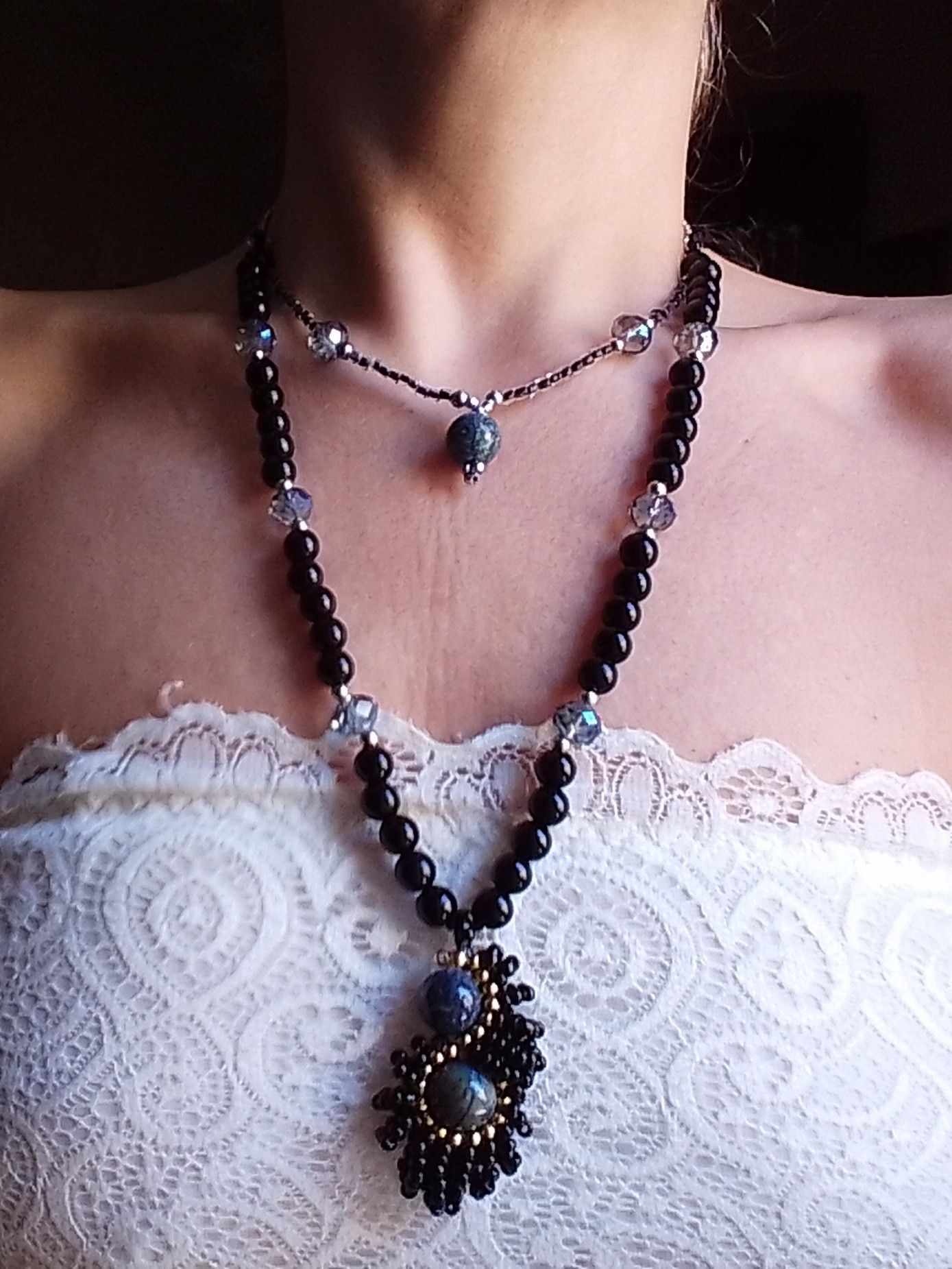 Handmade Long Black Necklace Lapis lazuli gemstone Double Thread Size ONE SIZE - 2 Thumbnail