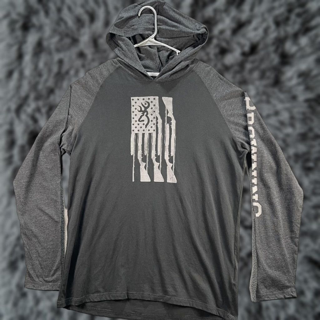 Vintage Browning Shirt Mens Large Gray Hooded Long Sleeve Raglan Buckmark Flag Graphic Size US L / EU 52-54 / 3 - 1 Thumbnail