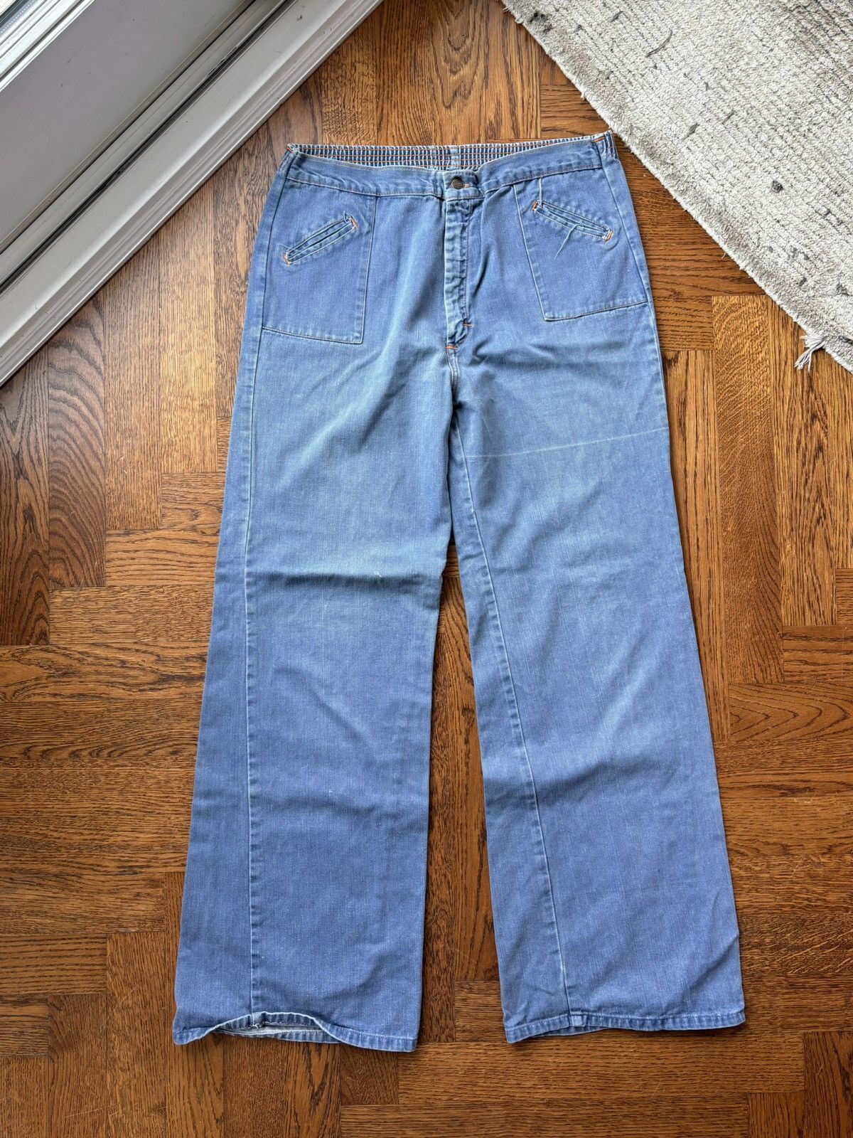 1970s Vintage Straight Flared Jeans Wide Loose Baggy Long 34