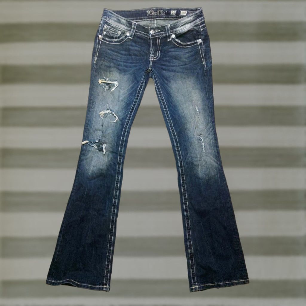 Miss Me Miss Me Jeans Womens Signature Bootcut 29 Embellished Fleur-de-lis Blue 32x32 Denim 5-Pocket Zipper Button Regular Womens Jeans Rock Western Y2K Size 29" - 1 Thumbnail