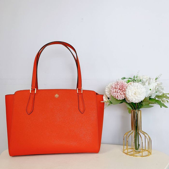 Tory Burch Emerson Top Zip Tote Mini Bright Samba in Saffiano