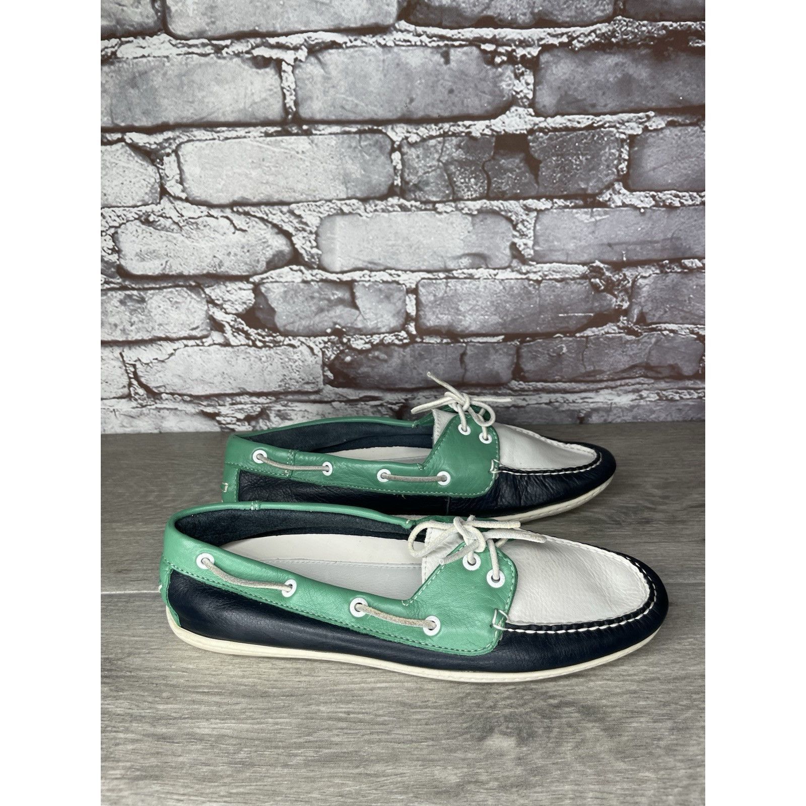 L.L. Bean LL Bean Blue Green White Leather Preppy Loafers Boat Shoes W Size US 9 / IT 39 - 1 Thumbnail