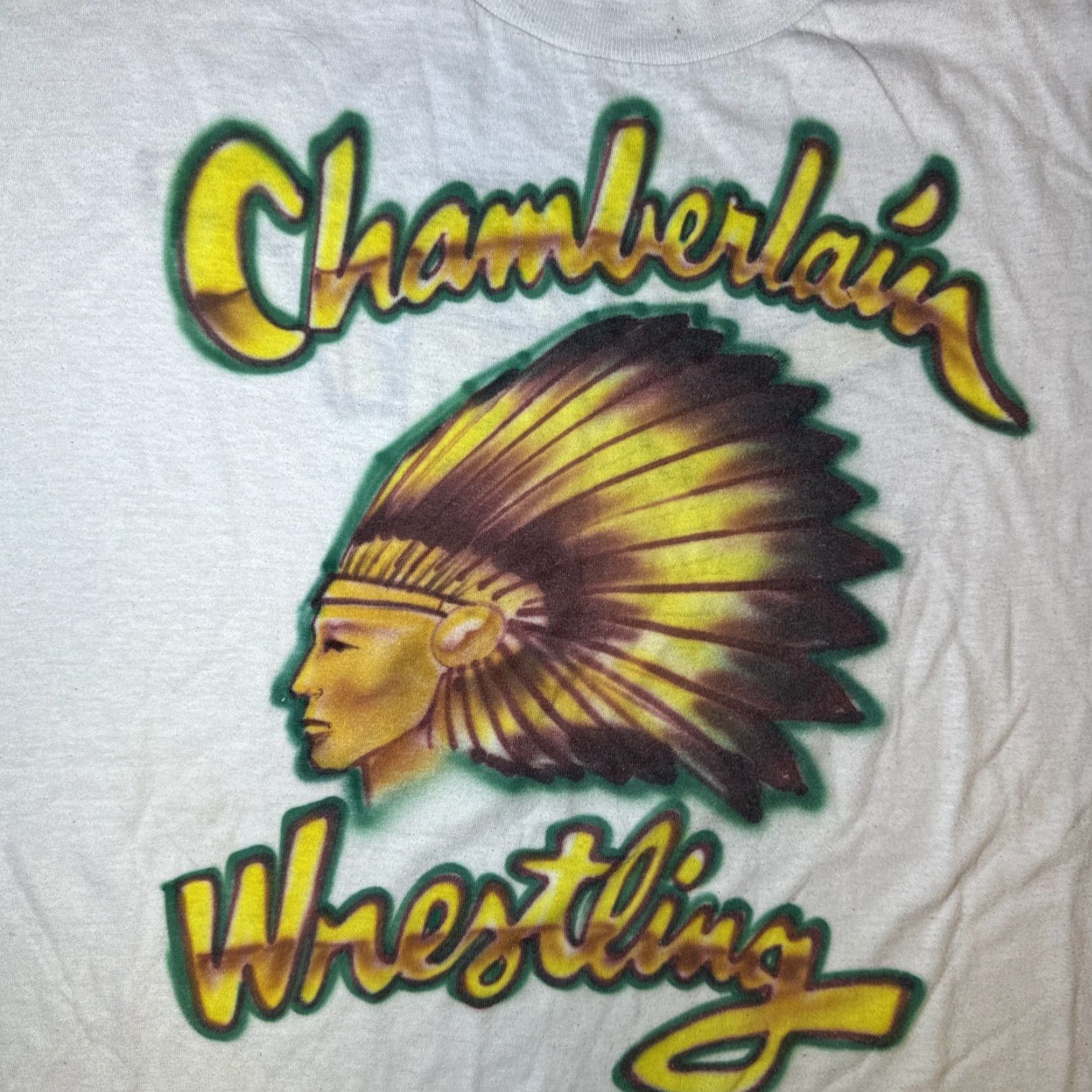 Vintage VINTAGE Chamberlain Chiefs Tampa Florida Wrestling Mascot T-Shirt XL Fits M-L Shirt Mens White Florida 21” Pit to Pit 26” Length Size US L / EU 52-54 / 3 - 3 Thumbnail