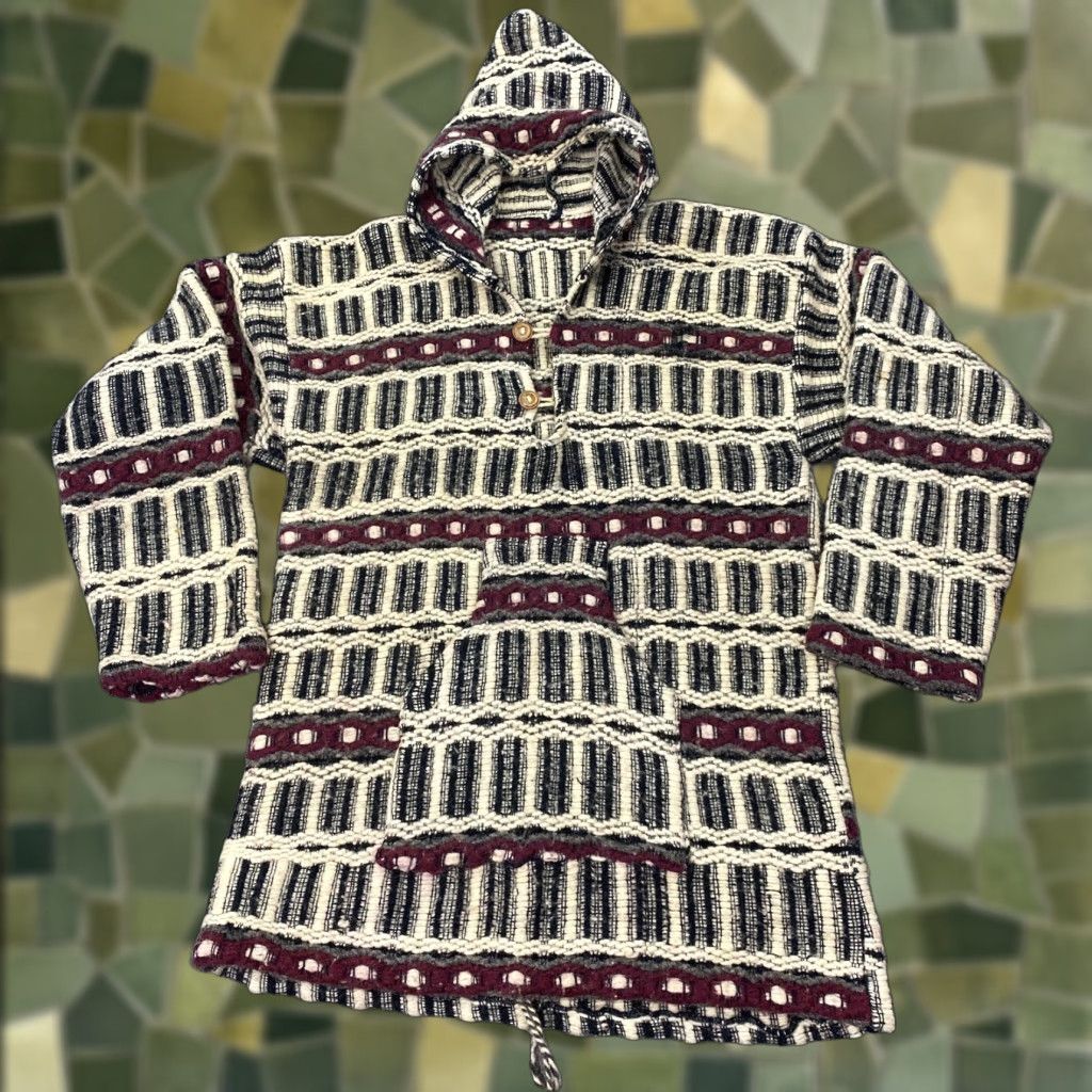 Vintage VINTAGE Hooded Sweater Mens Medium Ivory Cream Black Burgundy Woven Boho Geometric Pullover Mens Size US M / EU 48-50 / 2 - 1 Thumbnail