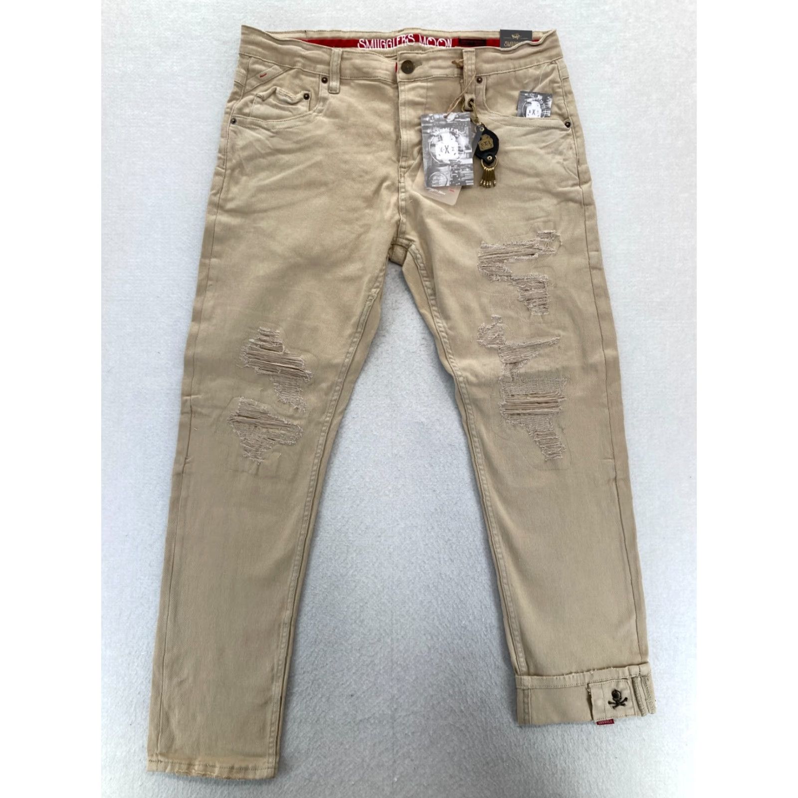 Denime Smugglers Moon Jeans Mens 40x33 Khaki Beige Denim Button Fly Roll Up Distressed Size US 40 / EU 56 - 2 Thumbnail
