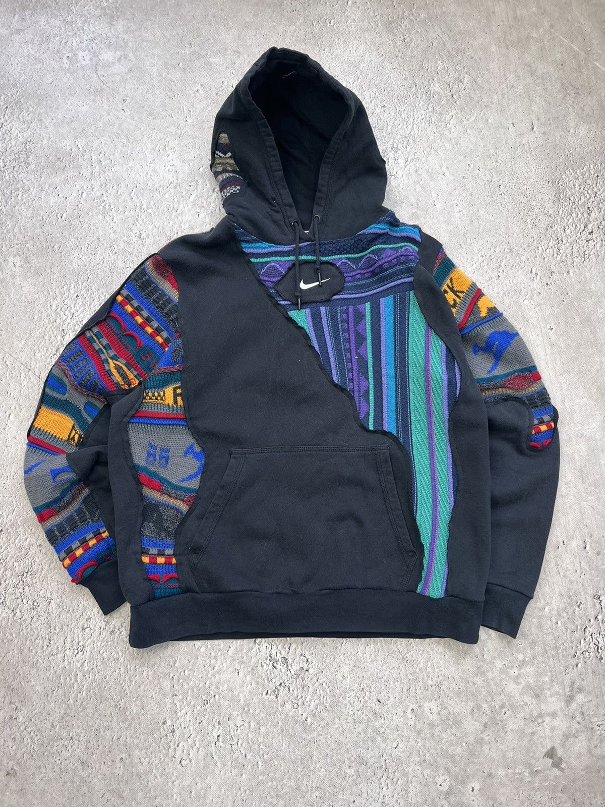 image of Archival Clothing x Nike Vintage Y2K Reworked Nike Sashiko Boxy Coogi Hoodie Sweater in Black (Size