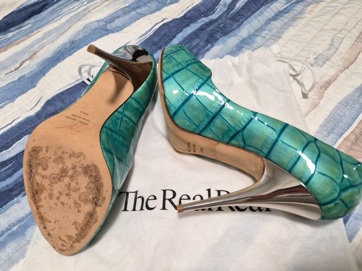 Giuseppe Zanotti Giuseppe Zanotti Green Croc Embossed Peep Toe High Heels Size US 9 / IT 39 - 10 Thumbnail