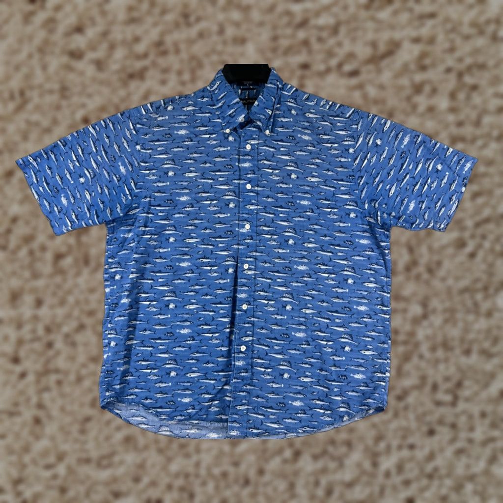 Nautica Nautica Shirt Mens Large Blue Game Fish All Over Print 100% Cotton Hawaiian Size US L / EU 52-54 / 3 - 1 Thumbnail