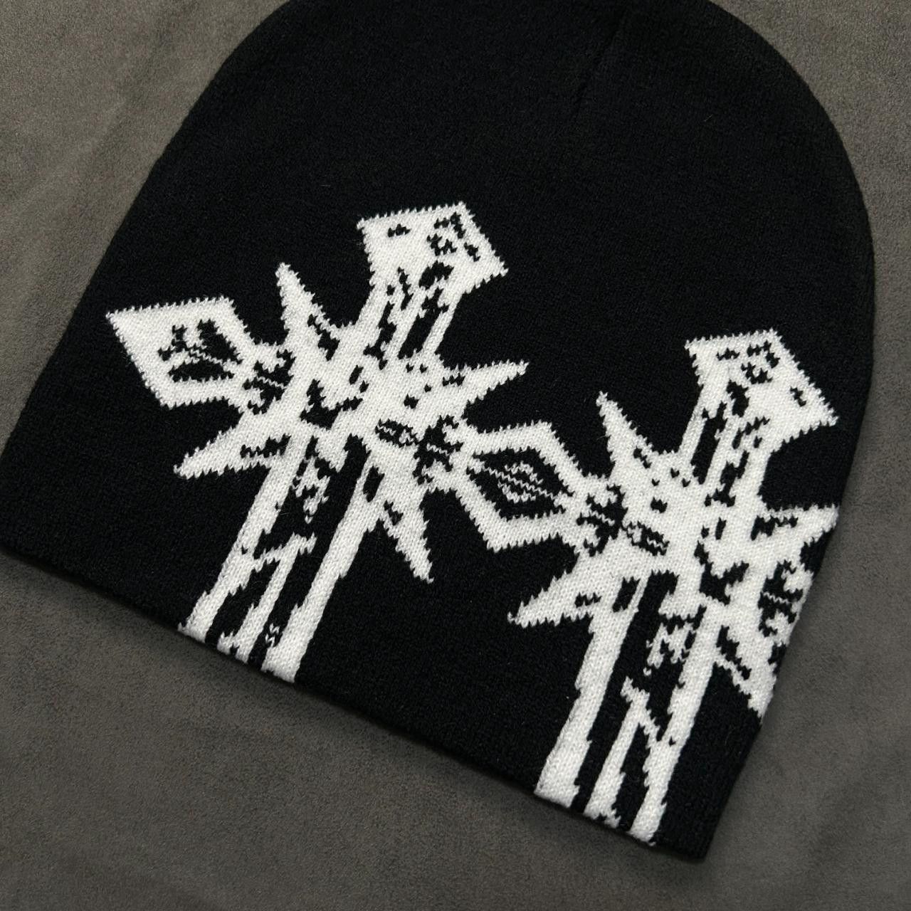 Japanese Brand Double Crosses Graphic No Cuff Knit Cap Beanie Black Hat OS Size ONE SIZE - 2 Thumbnail