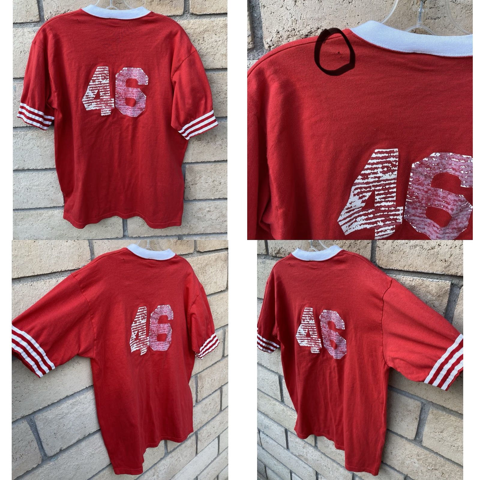 Jerzees VINTAGE Jerzees Red V-Neck Athletic Jersey Shirt Mens L Striped Sleeves 46 T-Shirt Size US L / EU 52-54 / 3 - 10 Thumbnail