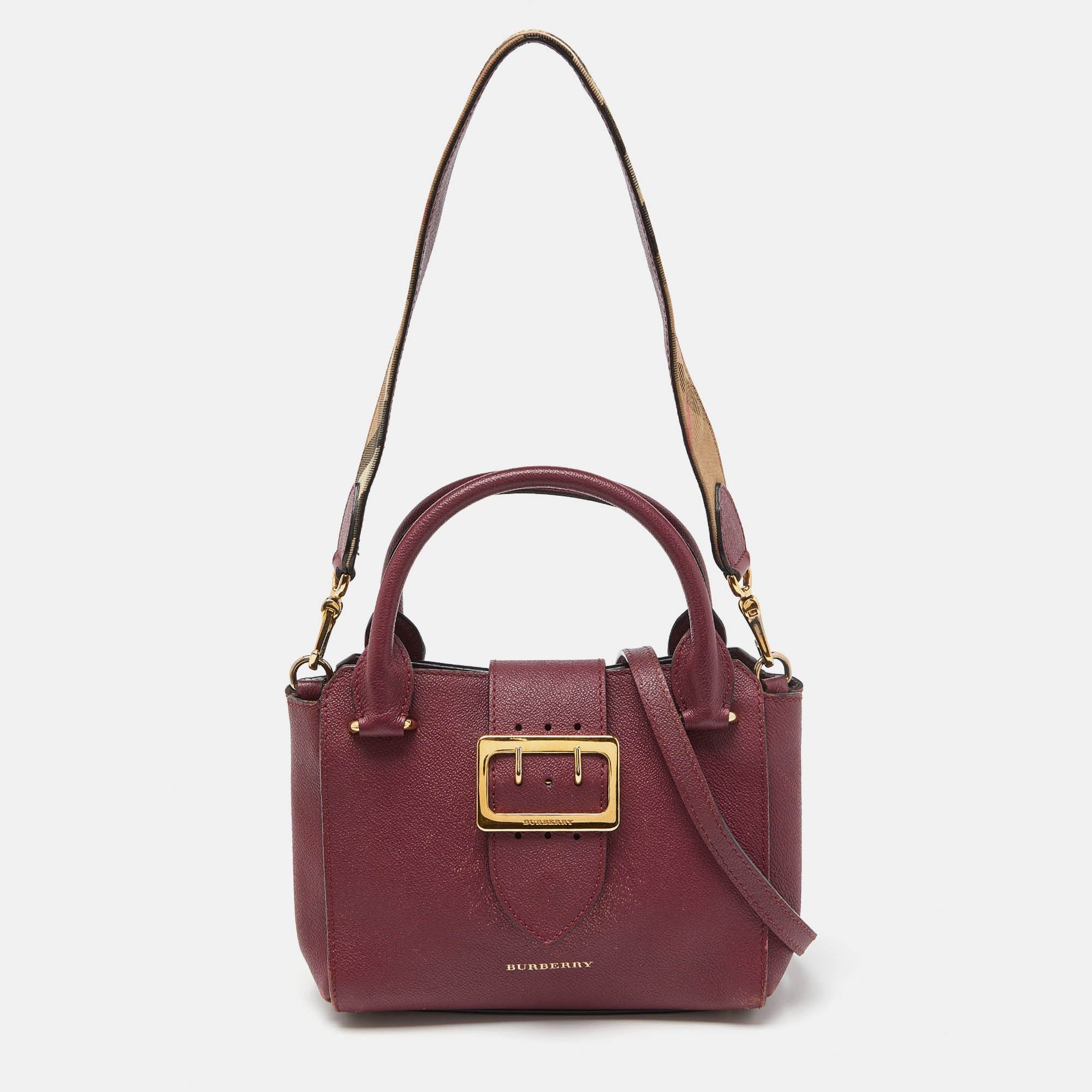 image of Burberry Burgundy Grained Leather Small Buckle Tote in Red, Women's