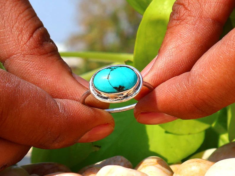 Handmade Turquoise Ring, Handmade Sterling Silver Green Gemstone Ring Size ONE SIZE - 1 Thumbnail
