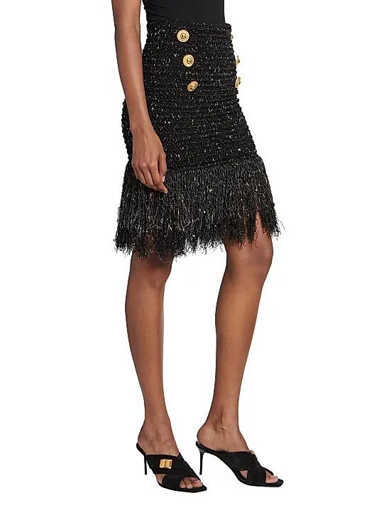 Balmain o1s1wg110825 Tweed Fringe Midi Skirt in Black Size 26" / US 2 / IT 38 - 3 Thumbnail
