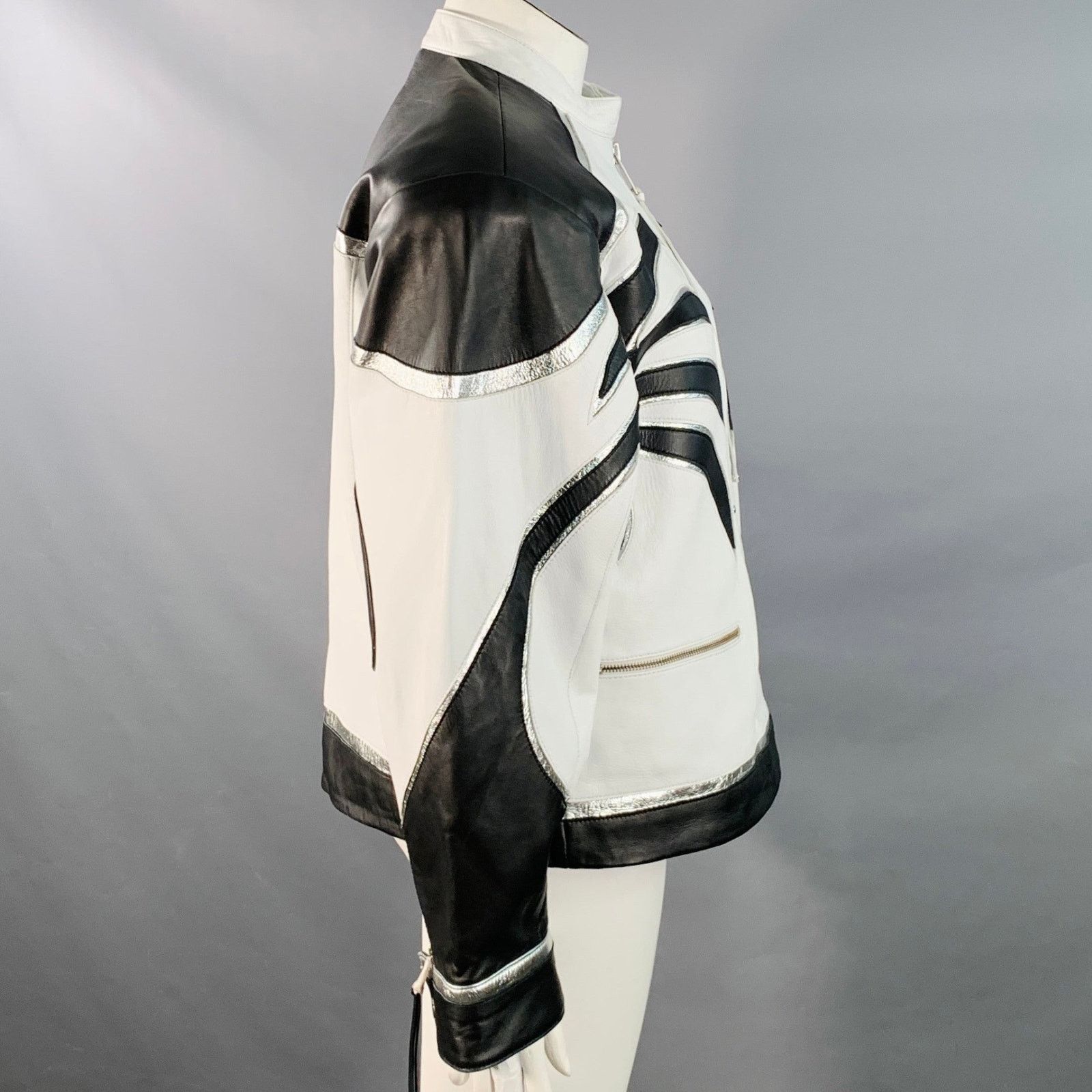 Retrofete L Black White Silver Leather Padded Shoulders Zip Up Jacket Size US L / EU 52-54 / 3 - 2 Thumbnail