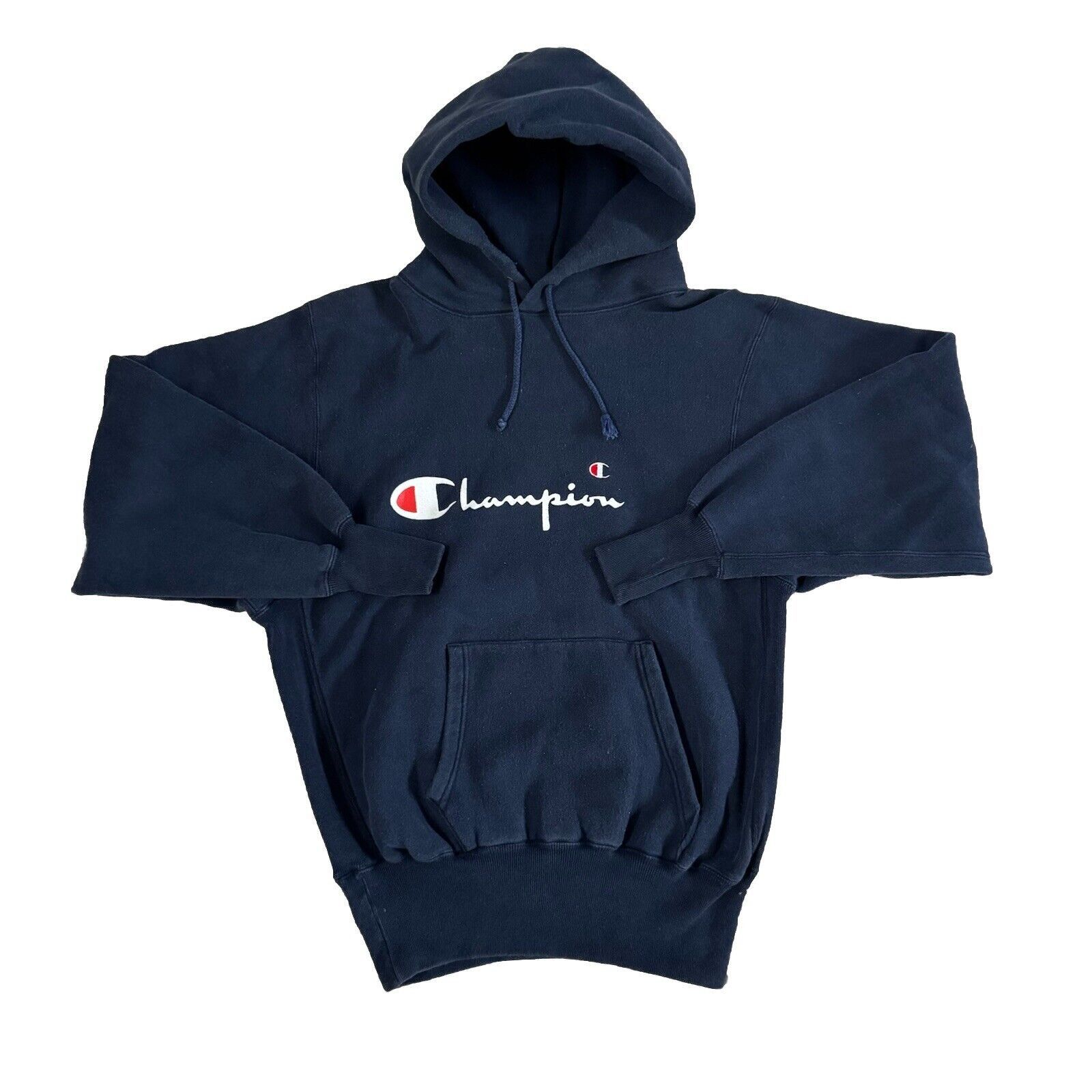 Vintage Vntg Champion Reverse Weave Hoodie Navy Spellout Size Small Size US M / EU 48-50 / 2 - 1 Thumbnail