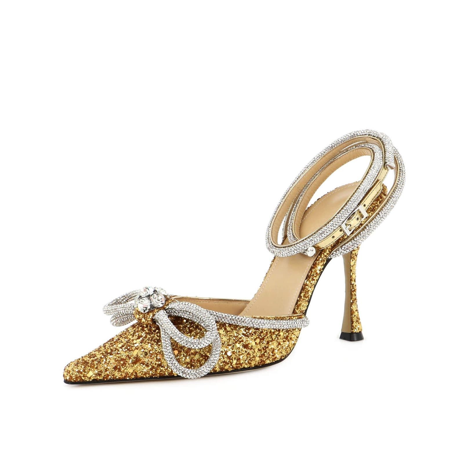 image of Mach&mach Women's Double Bow Ankle Strap Pumps Glitter None Shoes in Gold (Size 11)