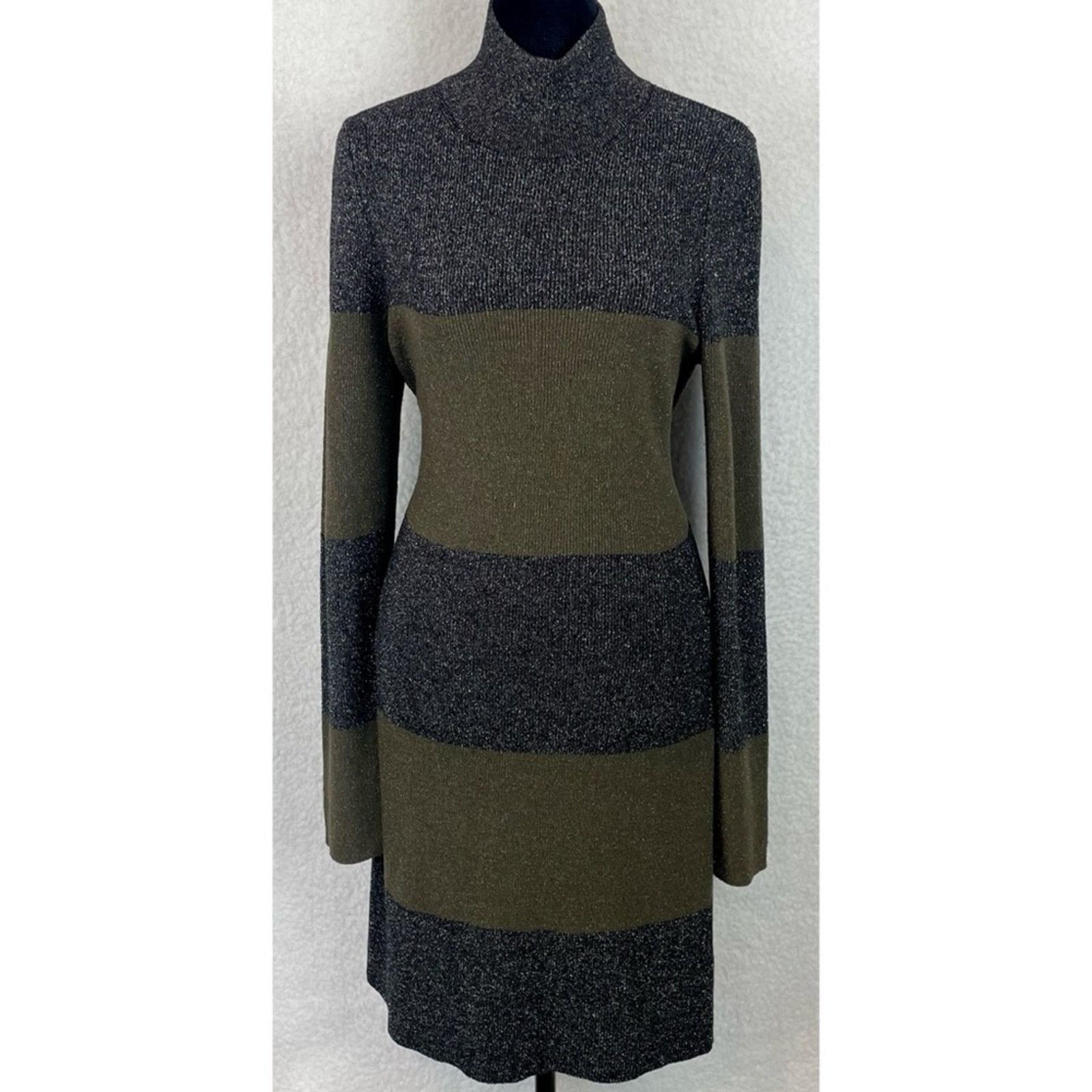 A.L.C. A.L.C. • Green/Black Striped Metallic Long Sleeve Mini Dress Size L / US 10 / IT 46 - 13 Thumbnail