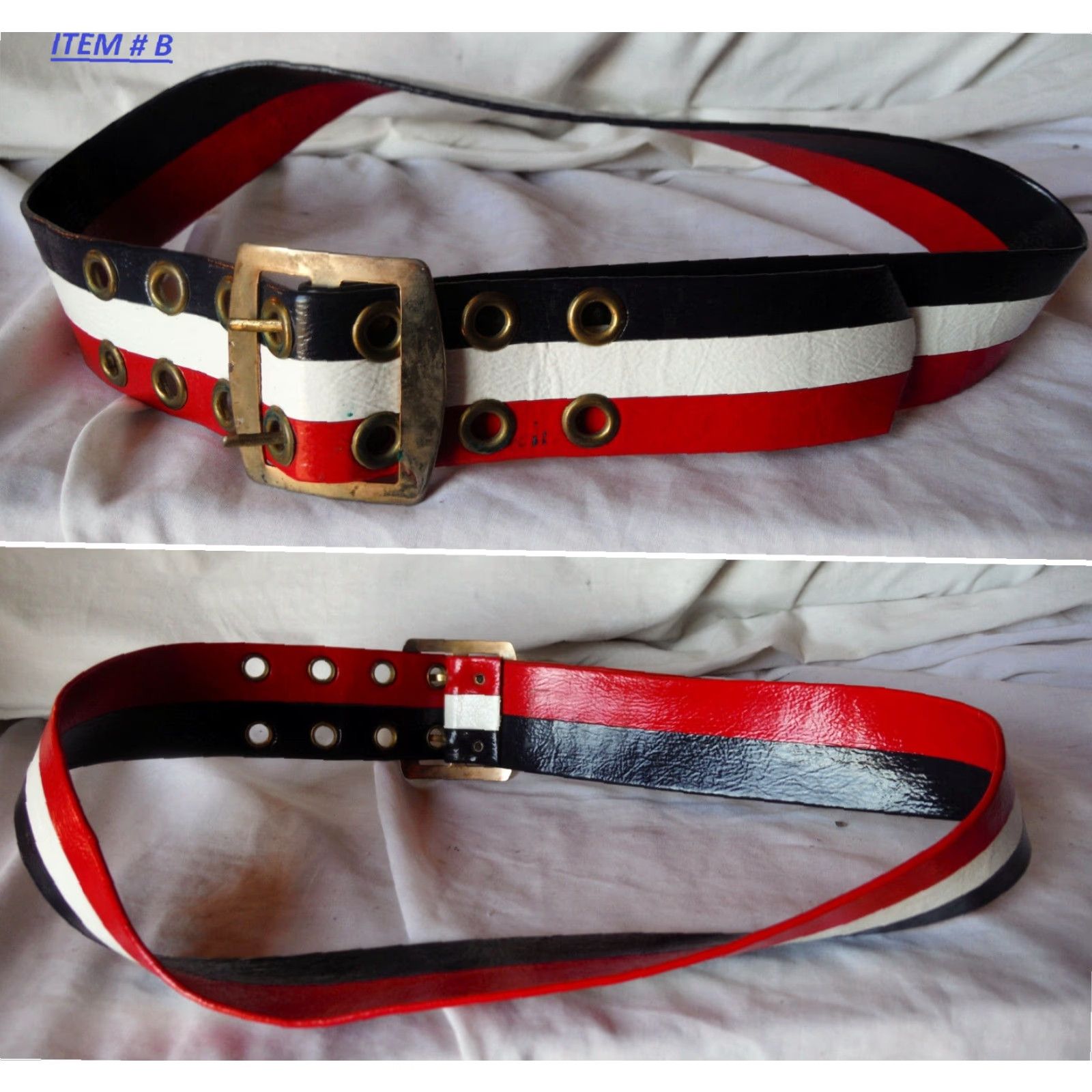Vintage VINTAGE 70s USA Themed Belts - White Leather Vinyl Stripes Handcrafted Waist Accessories for Adults Small to 50 Size Size ONE SIZE - 3 Thumbnail