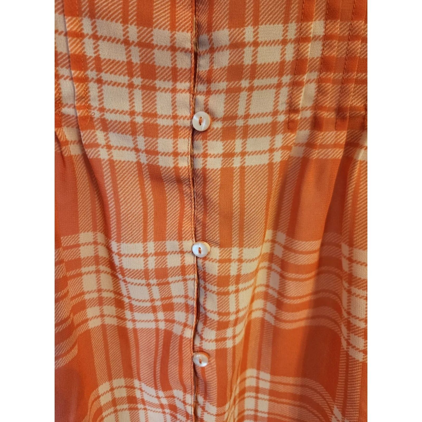 Vintage Serengeti Plaid Orange White Pleated Western Semi Sheer Top Boho 1X Women Blouse Pocketless? Size XL / US 12-14 / IT 48-50 - 4 Thumbnail