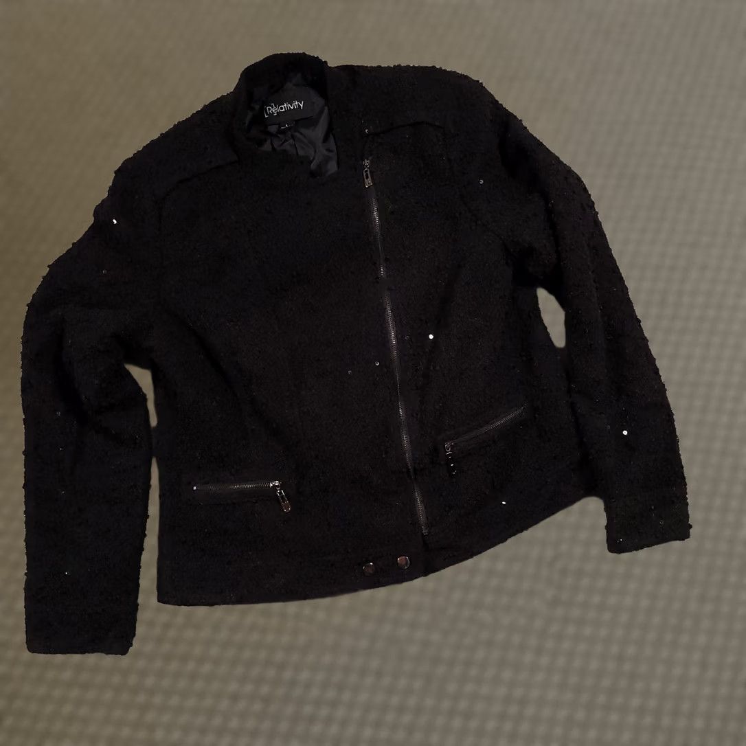 Vintage VINTAGE Relativity Full Zip Jacket Women Large Black Textured Sequin L/S Lined Pockets Size L / US 10 / IT 46 - 1 Thumbnail