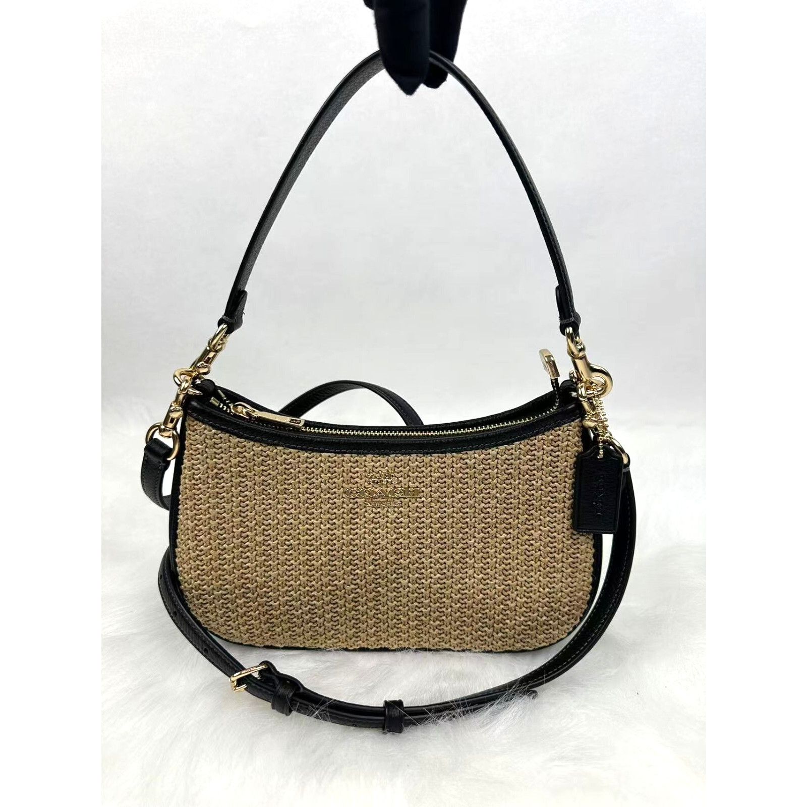Coach Teri Shoulder Crossbody Bag 2Way Toast Black Straw NWT in Brown, Women's