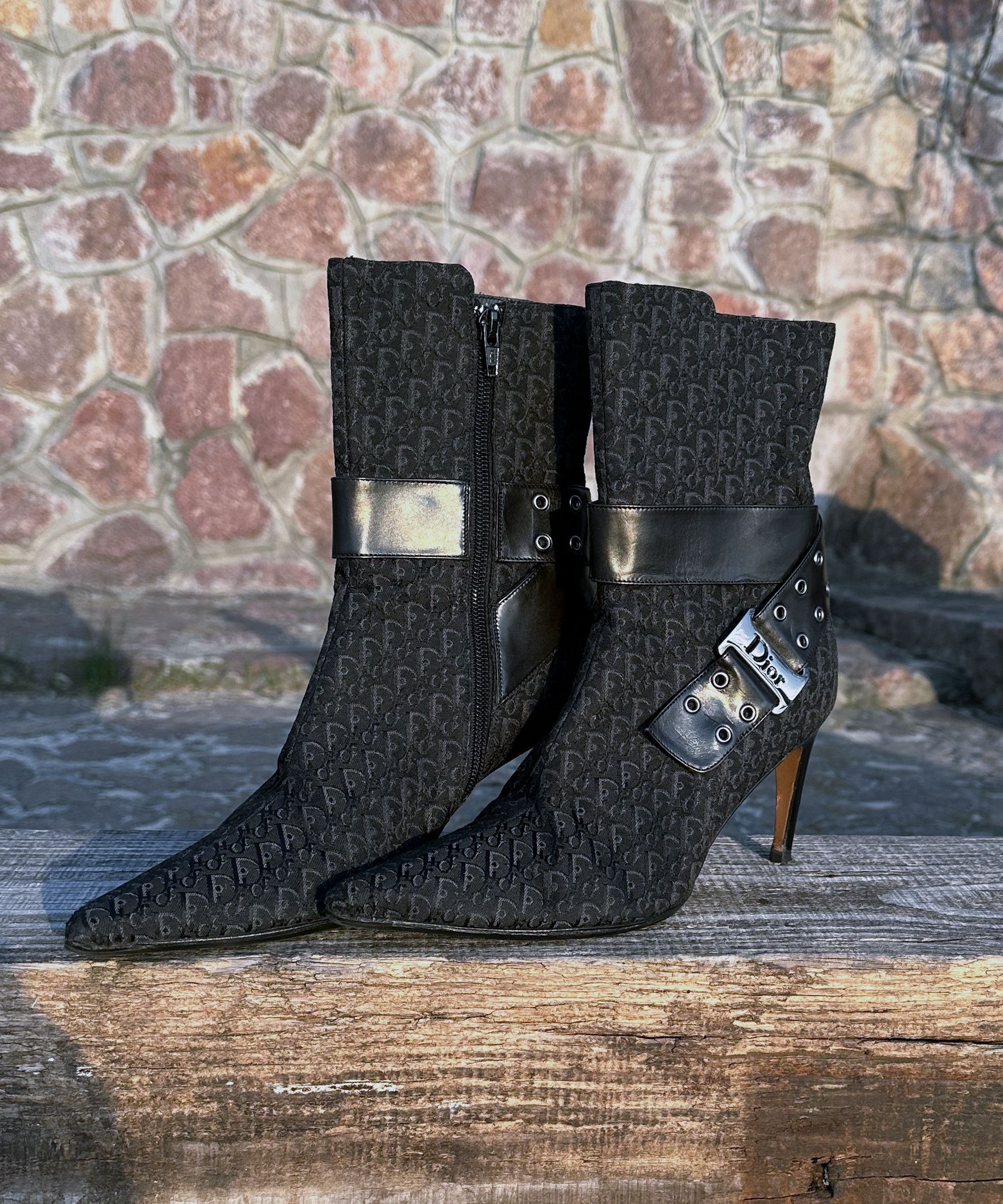 Dior 🔴 DIOR Boots Heels Monogram Shoes Black Vintage Logo Zip Size US 7 / IT 37 - 3 Thumbnail