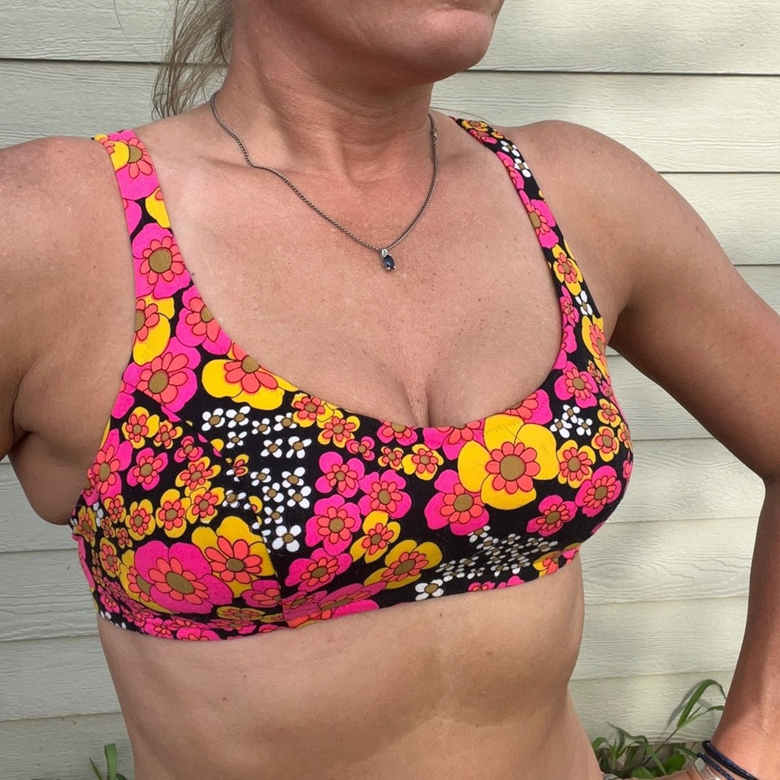 Vintage De Weese Design 60S Pink Gold Black Mod Floral Bikini Top, Women's
