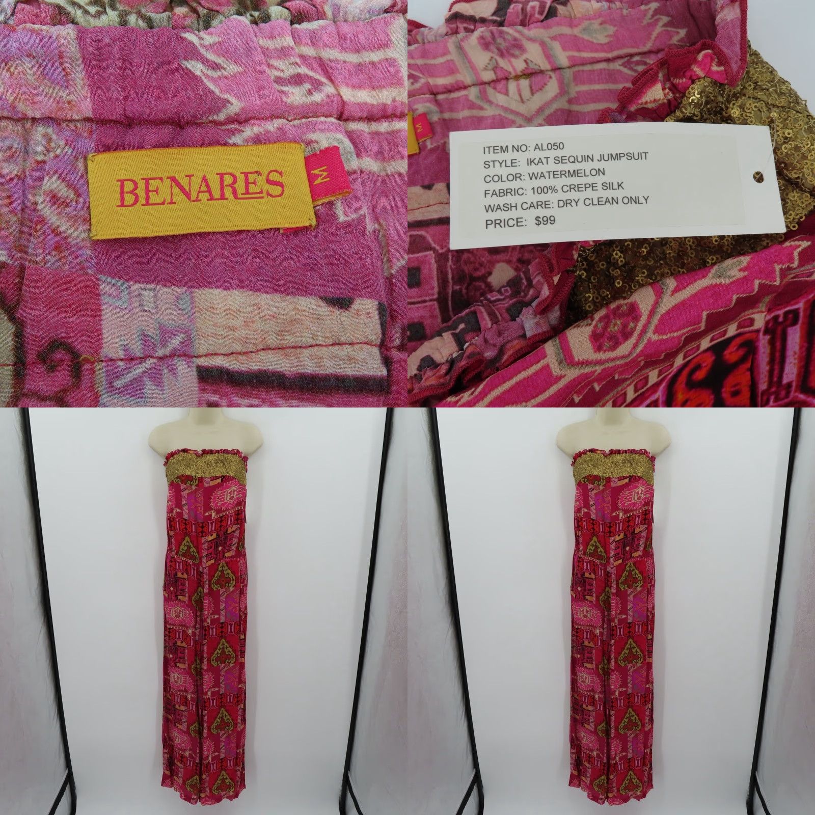 Vintage Benares Jumpsuit Women Medium Silk Gold Sequin Pink Ikat Strapless Pockets NEW Size 32" / US 10 / IT 46 - 8 Thumbnail