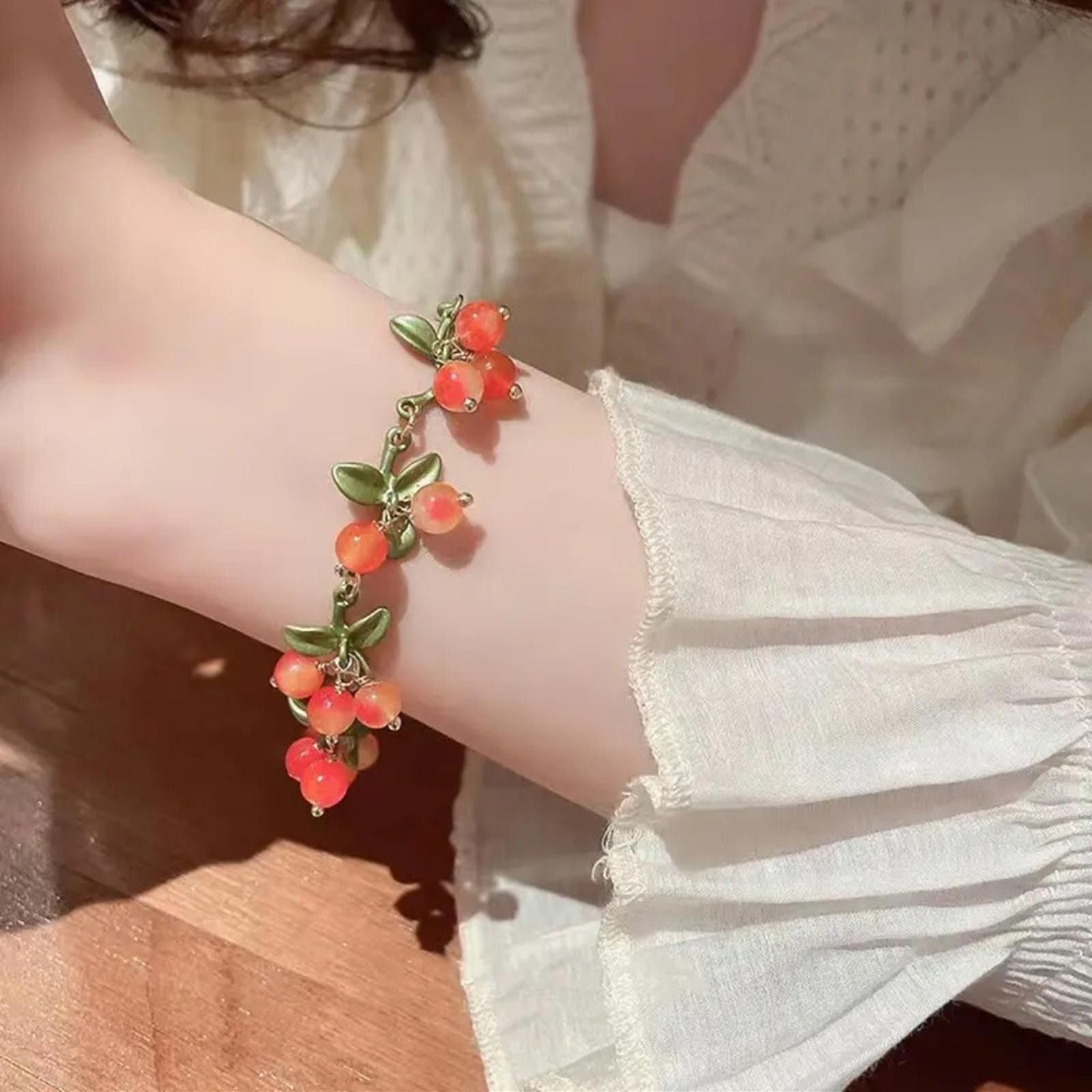 Designer Floral Charm Bracelet in Green and Orange Size ONE SIZE - 1 Thumbnail