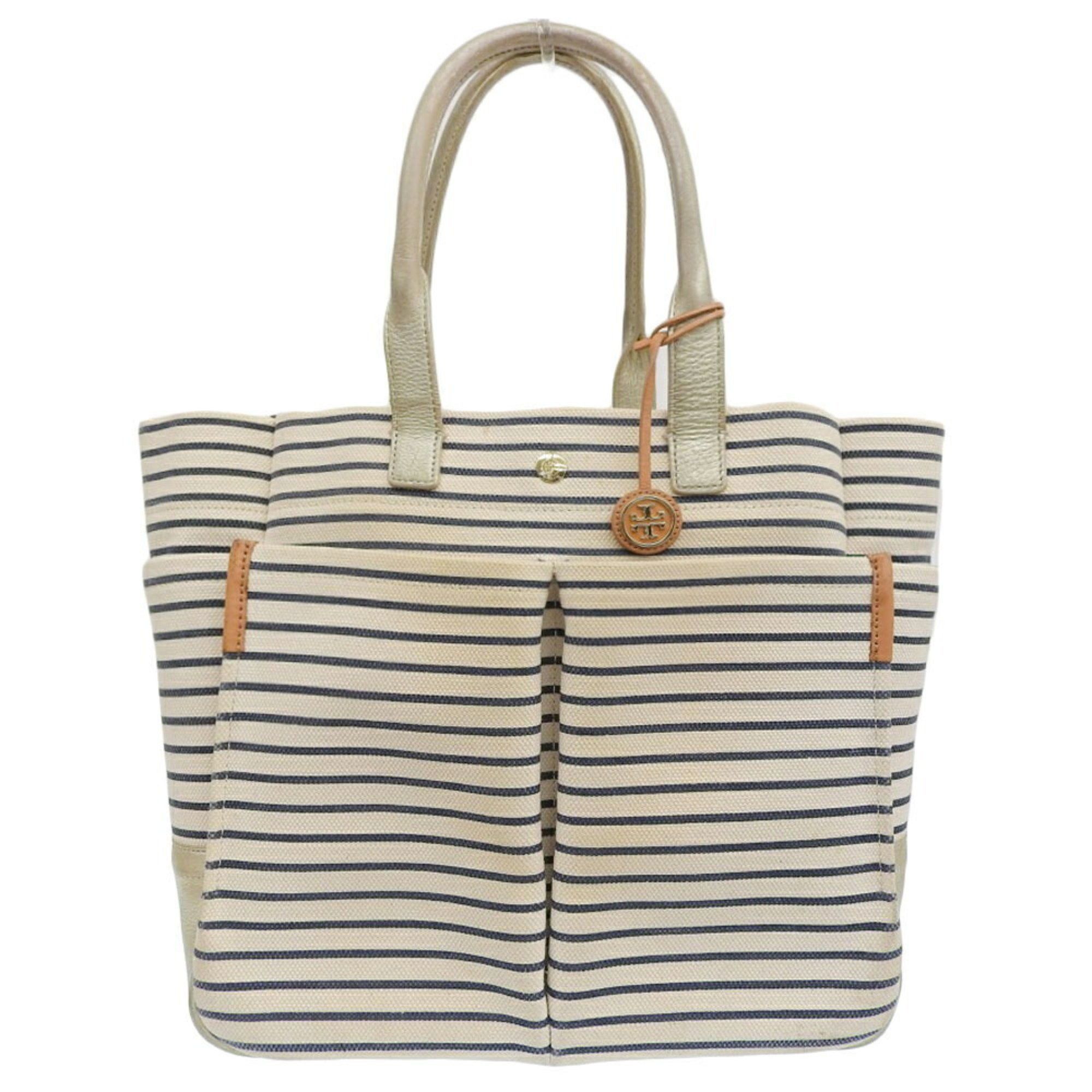 Tory Burch Tote Bag Border Handbag Canvas White X Navy Summer in Blue, Women's