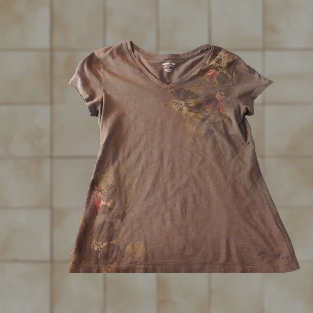 Vintage Sonoma Womens Shirt S Brown Floral Tee Top Blouse Short Sleeve Round Neck Pullover Casual 100% Cotton Size S / US 4 / IT 40 - 1 Thumbnail