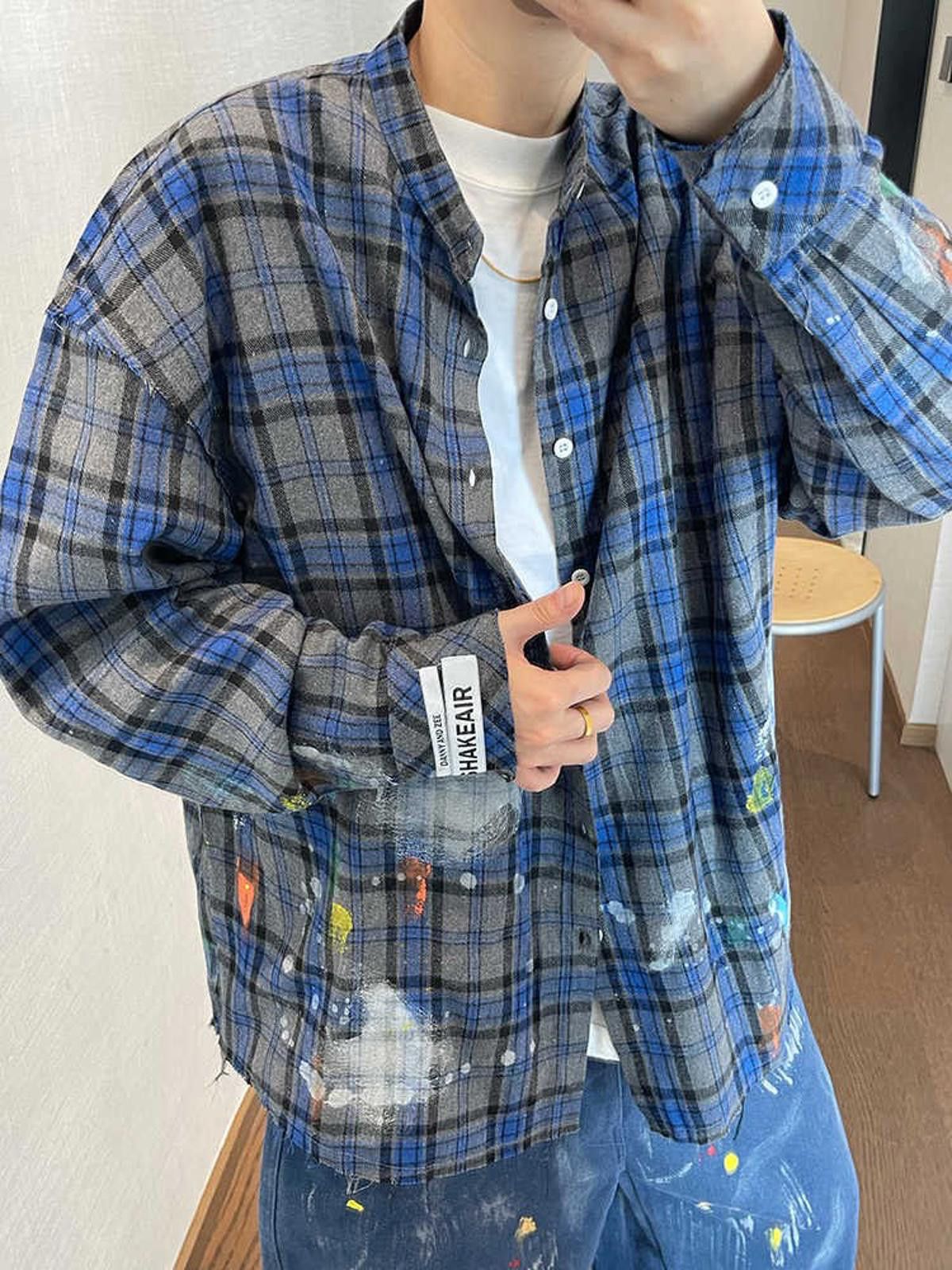 Flannel × Vintage Blue Plaid Oversized Paint Splash Button-Up Shirt Size US M / EU 48-50 / 2 - 3 Thumbnail