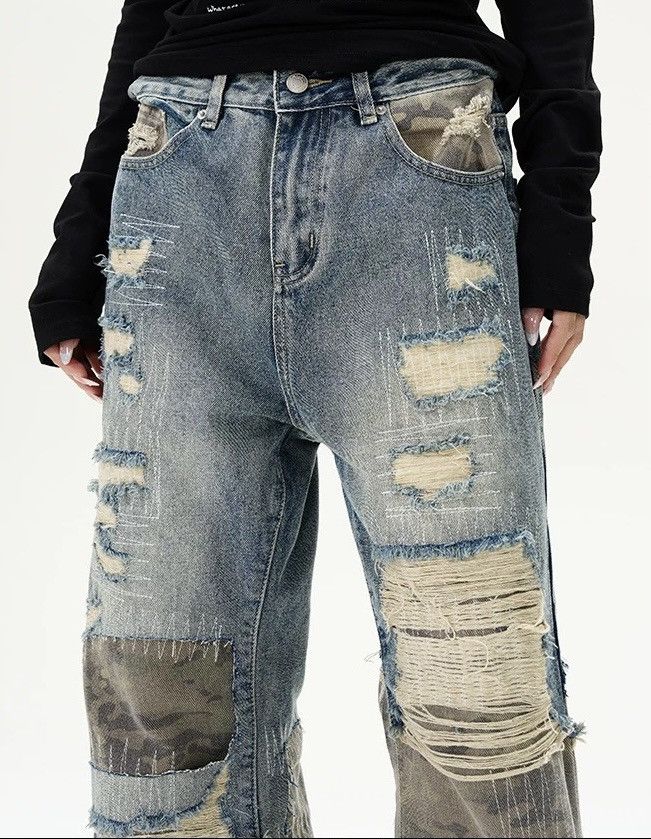 Retro punk distressed camouflage patches flare jeans Denim