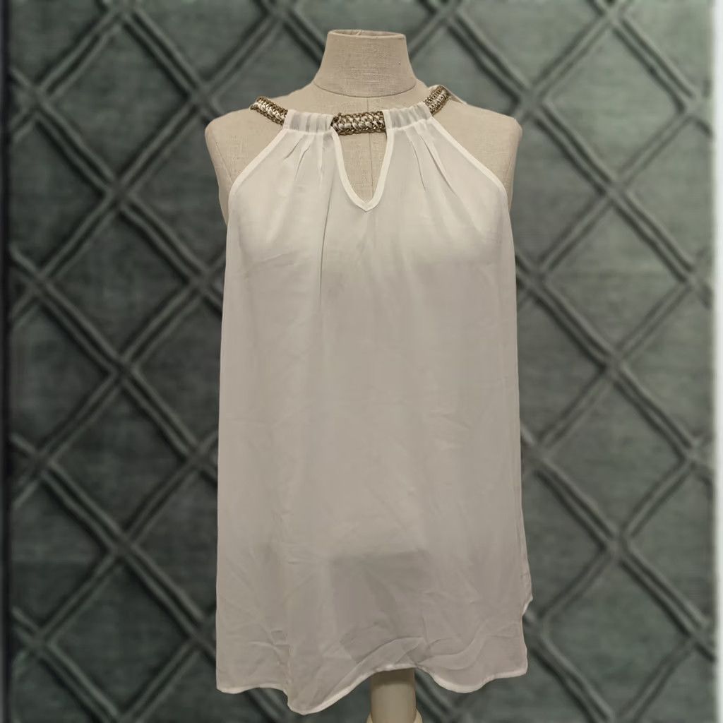 Vintage NWT The Clothing Company Tank Women MEDIUM White Chain B666 Sleeveless High Neck Sheer Polyester Breathable Casual Size M / US 6-8 / IT 42-44 - 1 Thumbnail