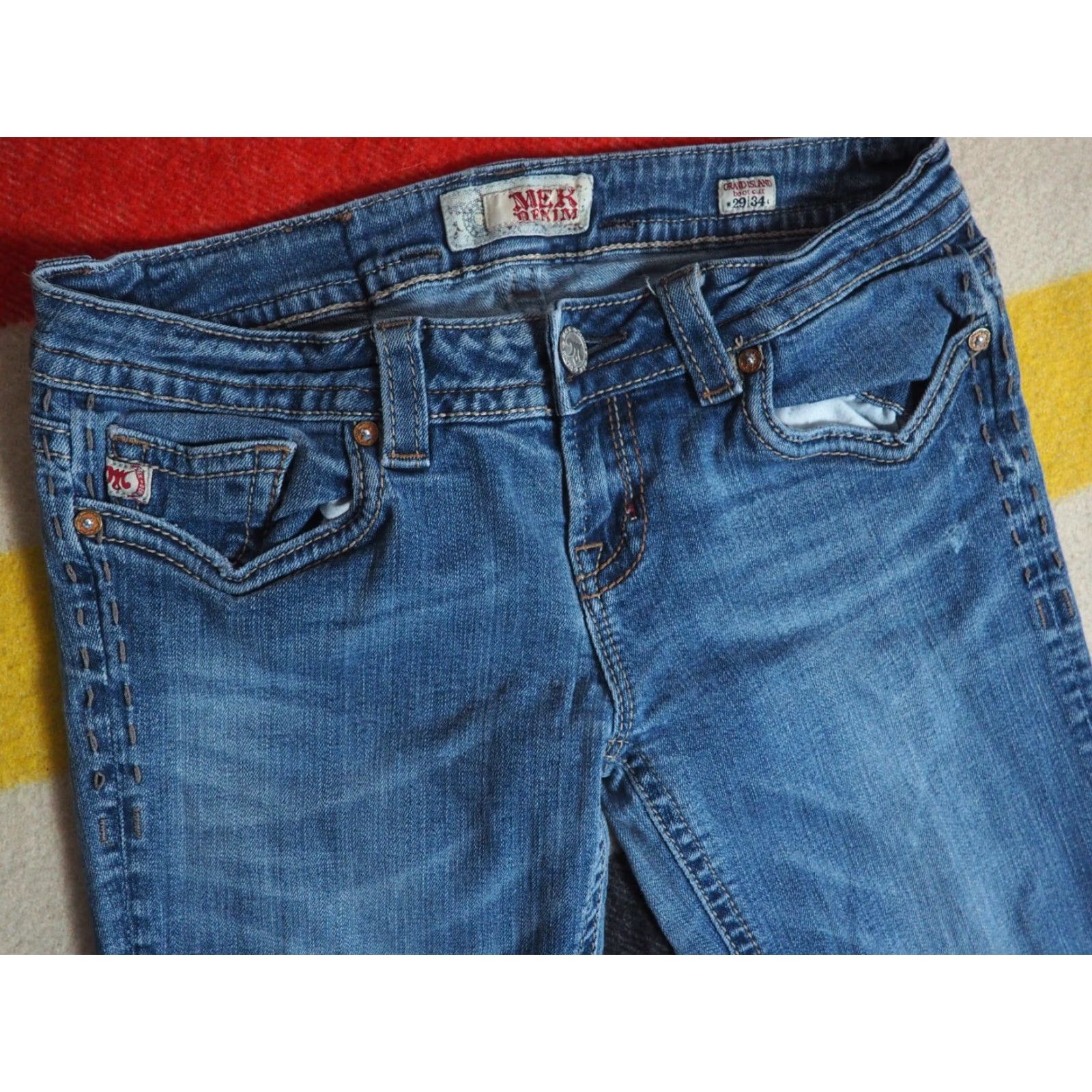 Vintage VTG Mek Denim Grand Island Low Rise Jeans 29x33 Womens Blue Denim Bootcut 2000s Grunge Logo Emroidered Vintage Size 29" - 4 Thumbnail