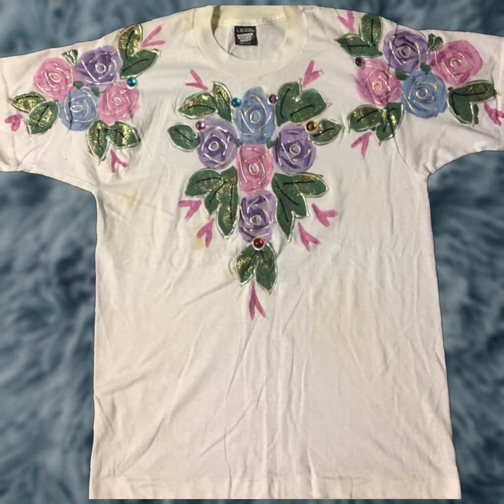 Vintage VINTAGE 90s Painted Flowers Faded Shirt Screen Stars L White Short Sleeve Men Regular Size L USA Single Stitch Abstract Art Glitter Fun Shirt Size US L / EU 52-54 / 3 - 1 Thumbnail
