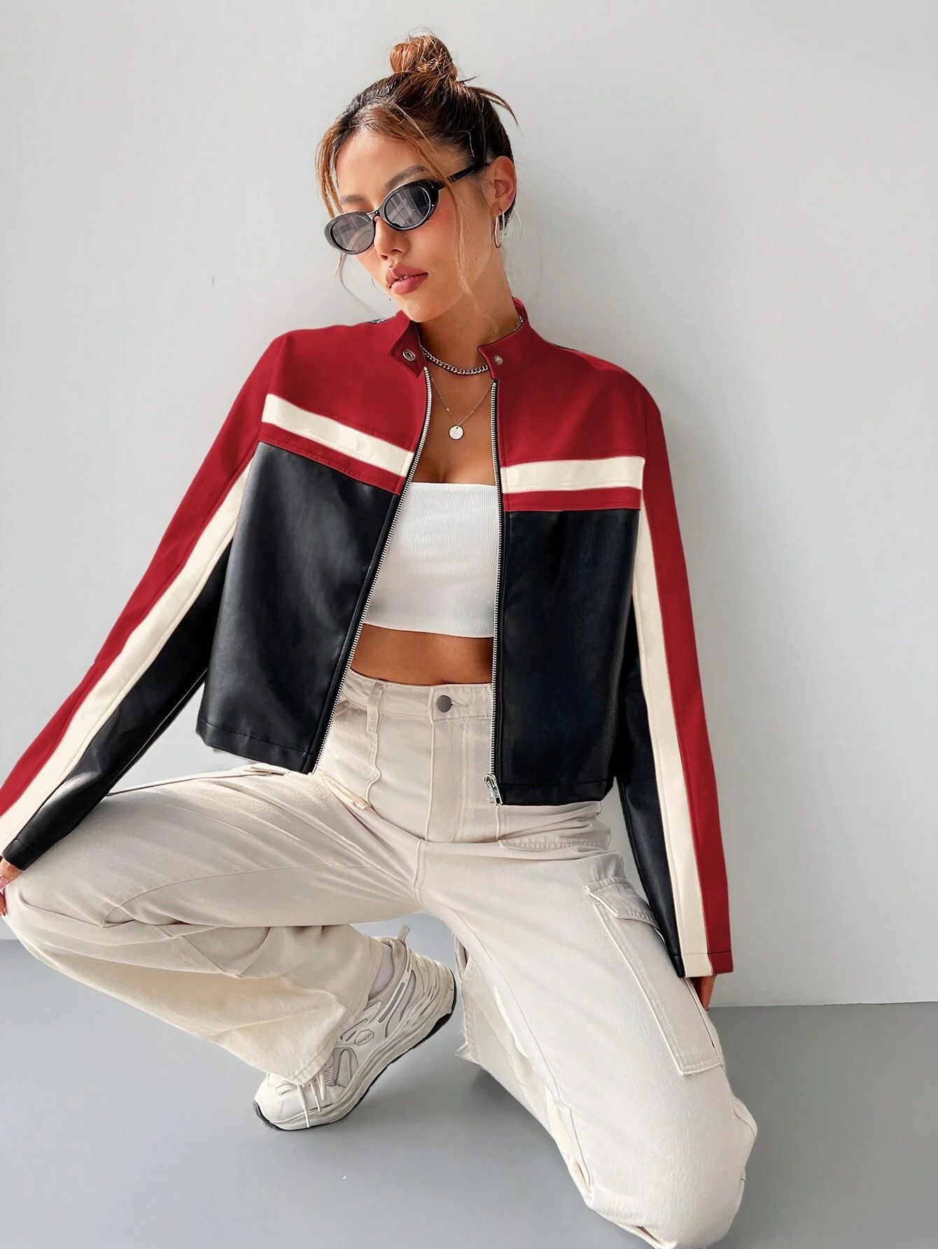 Other Women’s Cropped Biker Jacket | Red & Black Racing Style Size S / US 4 / IT 40 - 3 Thumbnail