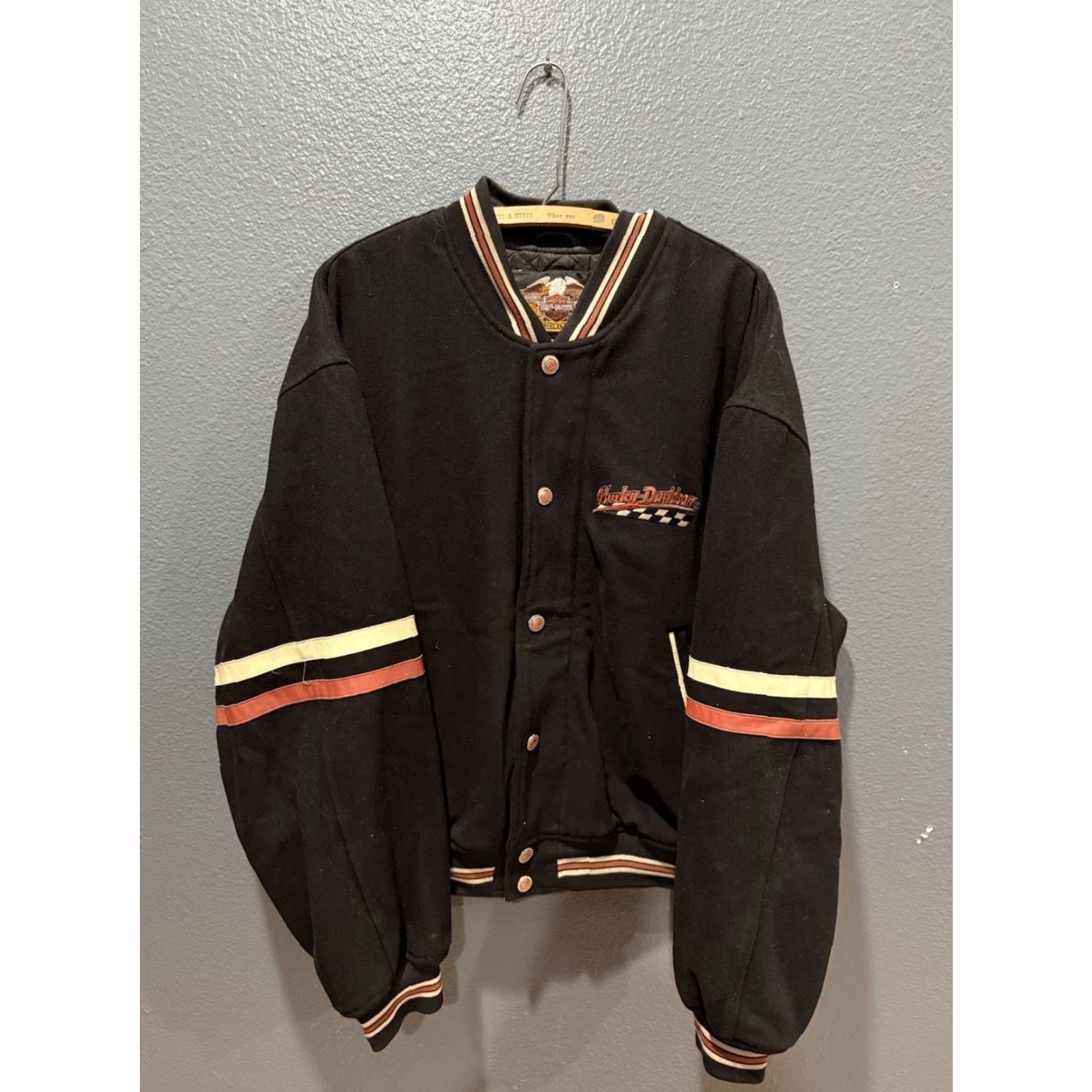 Harley Davidson VINTAGE Harley-Davidson Jacket Wool Snap Varsity XL Black 90s Racing Men Size US XL / EU 56 / 4 - 4 Thumbnail