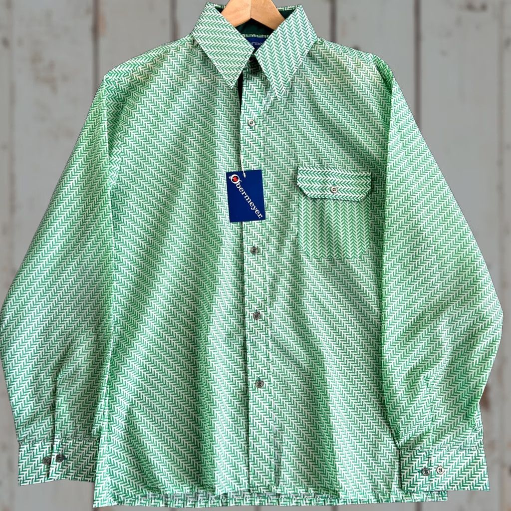 Obermeyer VINTAGE Obermeyer Button-Up Shirt NEW L Green Zig Zag Pattern 70's 80's Mens Long Sleeve Collared Cotton Nylon Blend Size US L / EU 52-54 / 3 - 1 Thumbnail