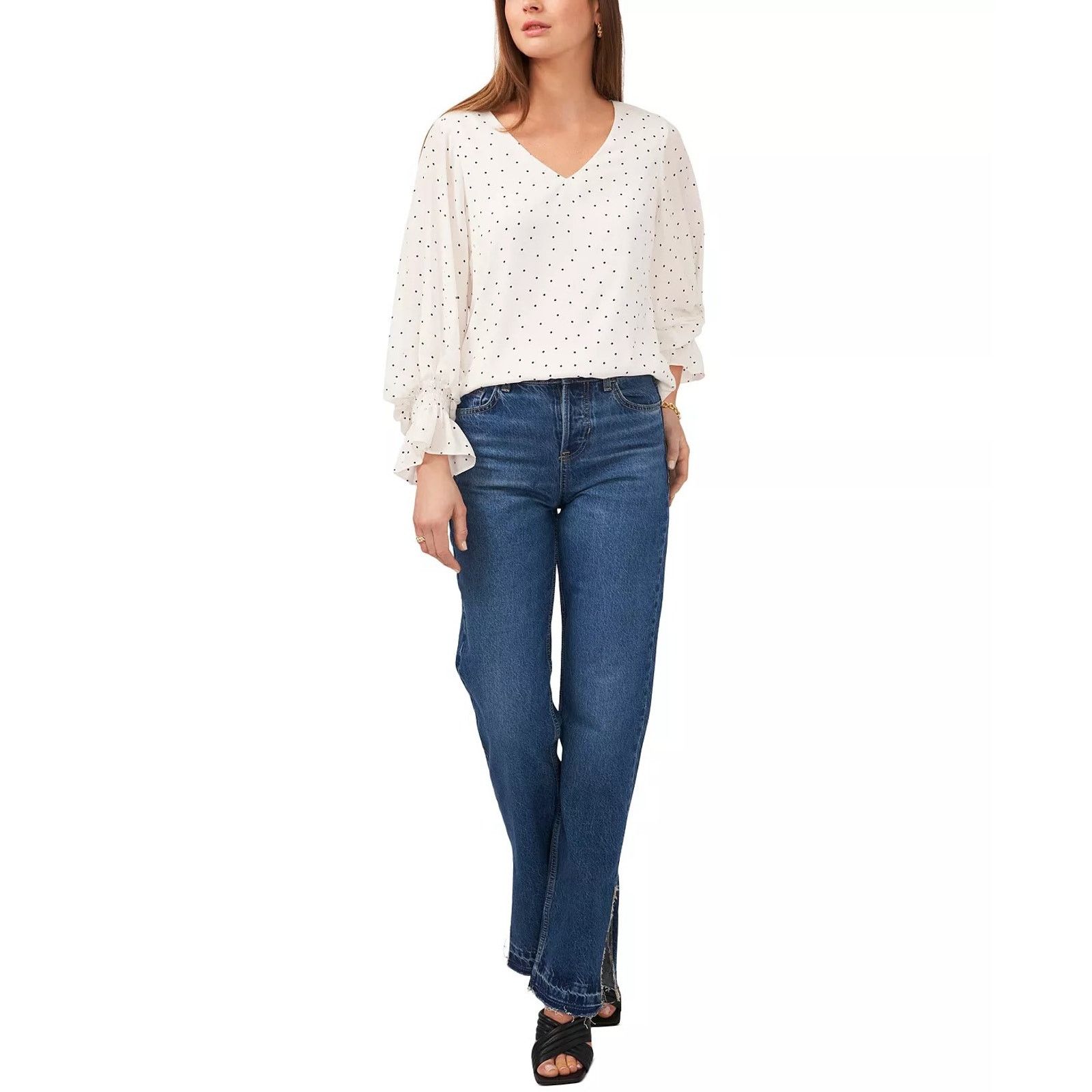 Vince Camuto Vince Camuto Women Dotted Smocked Cuff V-Neck Blouse Size S Size S / US 4 / IT 40 - 3 Thumbnail
