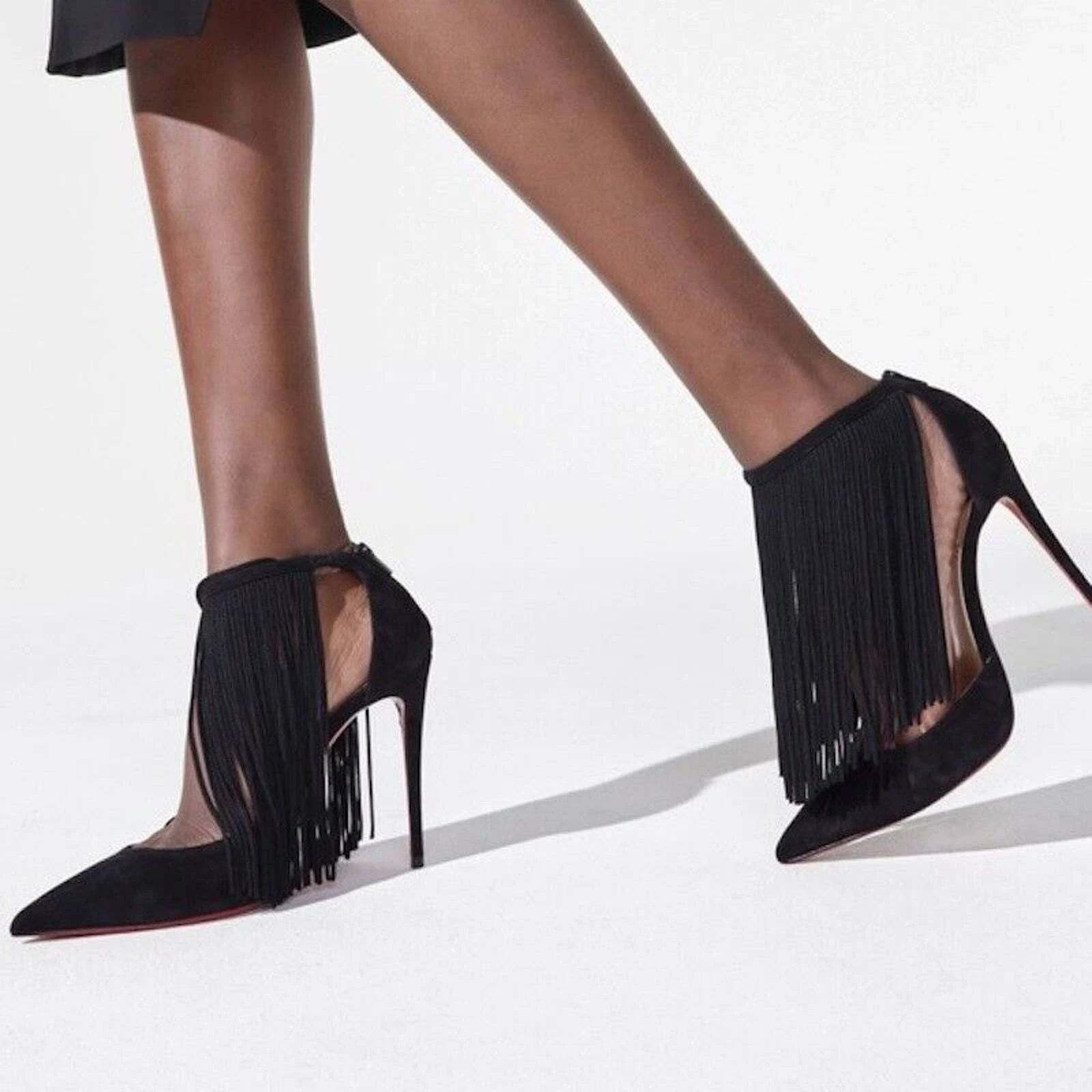 Christian Louboutin Courtain 100 Black Fringe Ankle Strap Sandal Heel Pump 36 Size US 6 / IT 36 - 5 Thumbnail