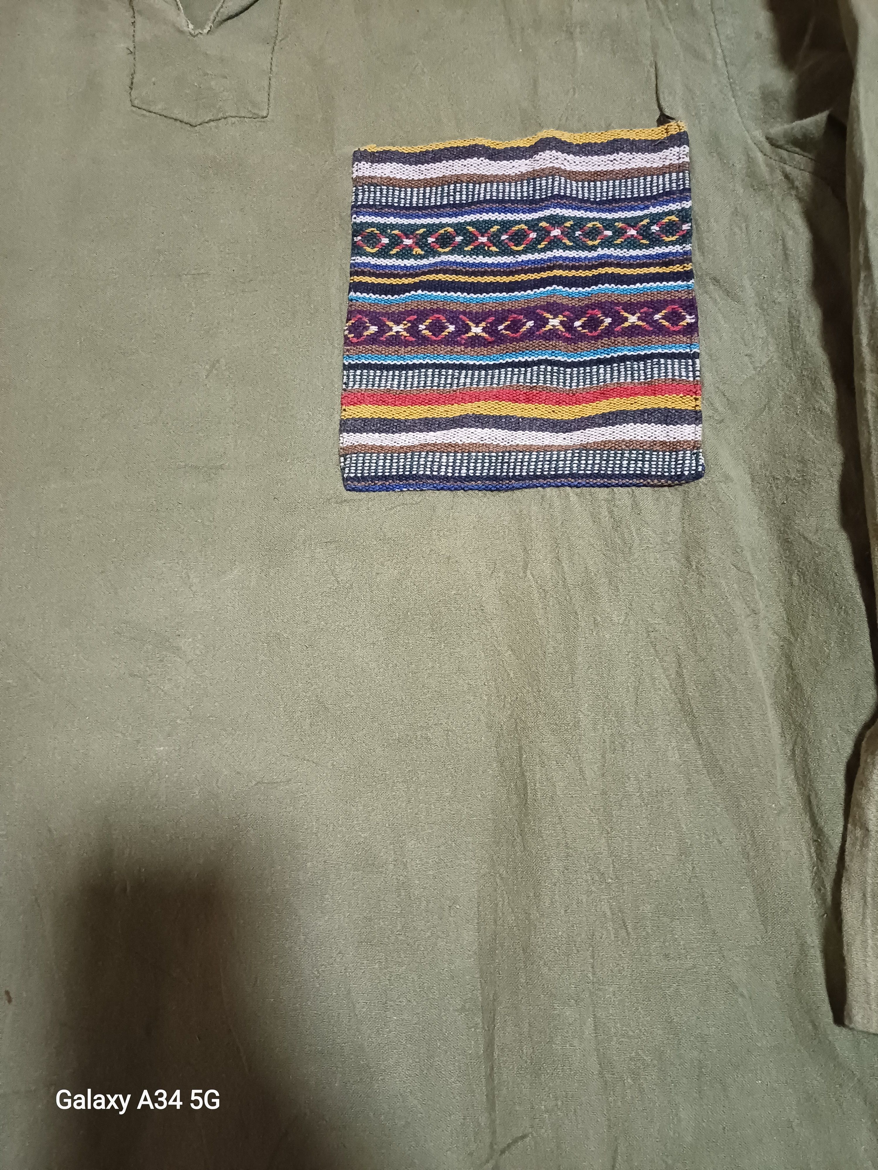 Japanese Brand Unisex Woven Cotton Shirt with Tribal Pocket in Green Size US L / EU 52-54 / 3 - 3 Thumbnail