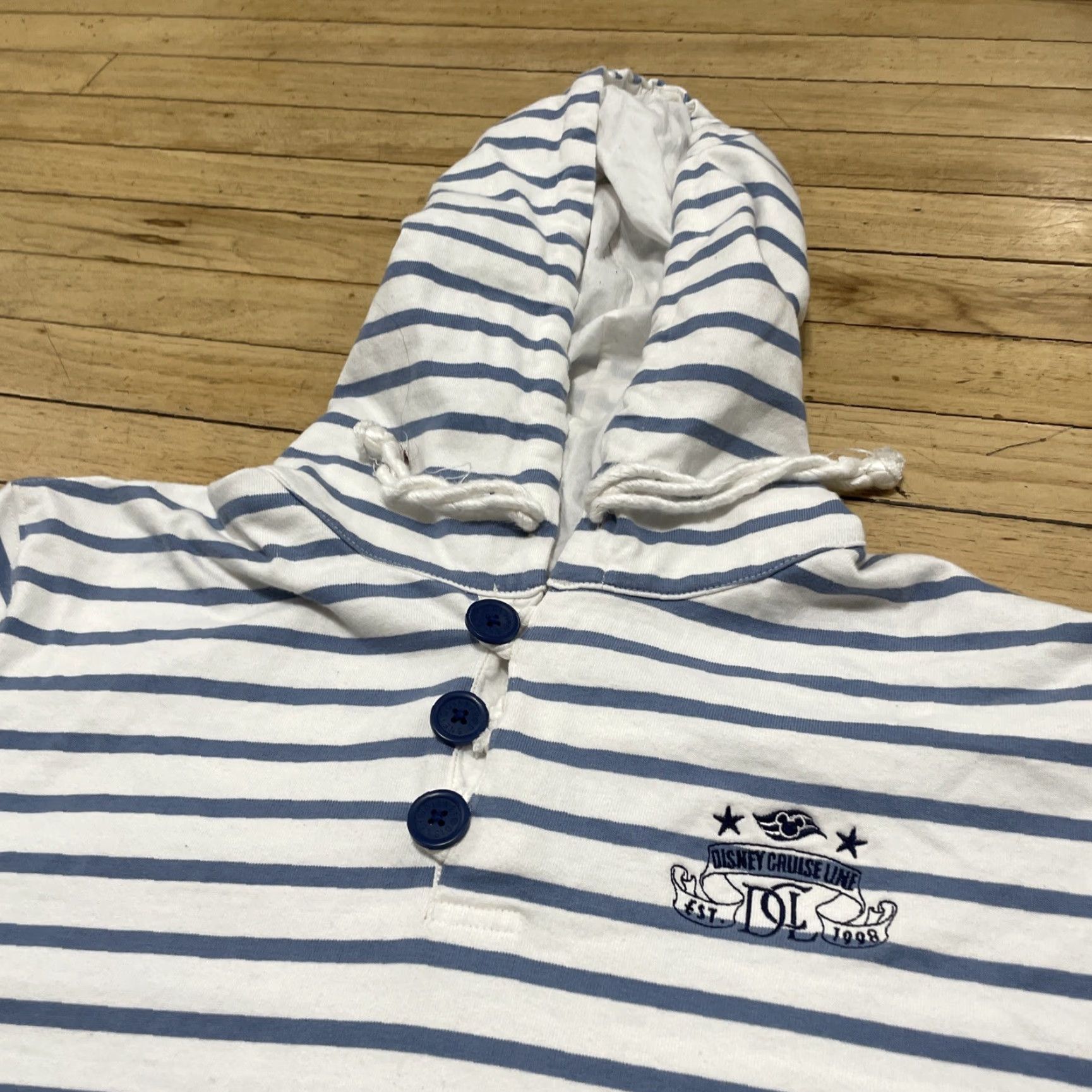 Disney VINTAGE DISNEY Cruise Line Sweater 3XL Henley Hoodie White Blue Stripe Women Adult XXXL Pullover Cotton Polyester Button Lined Money Theme Size XXL / US 16-18 / IT 52-54 - 4 Thumbnail