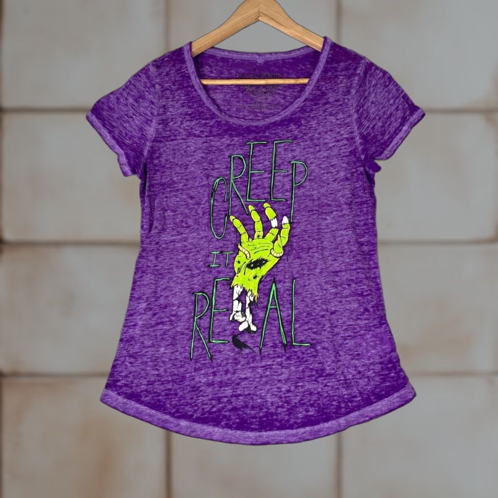 Vintage Rocker Girl Graphic Tee Womens M Purple Creep It Real Zombie Burnout Goth Shirt Size M / US 6-8 / IT 42-44 - 1 Thumbnail